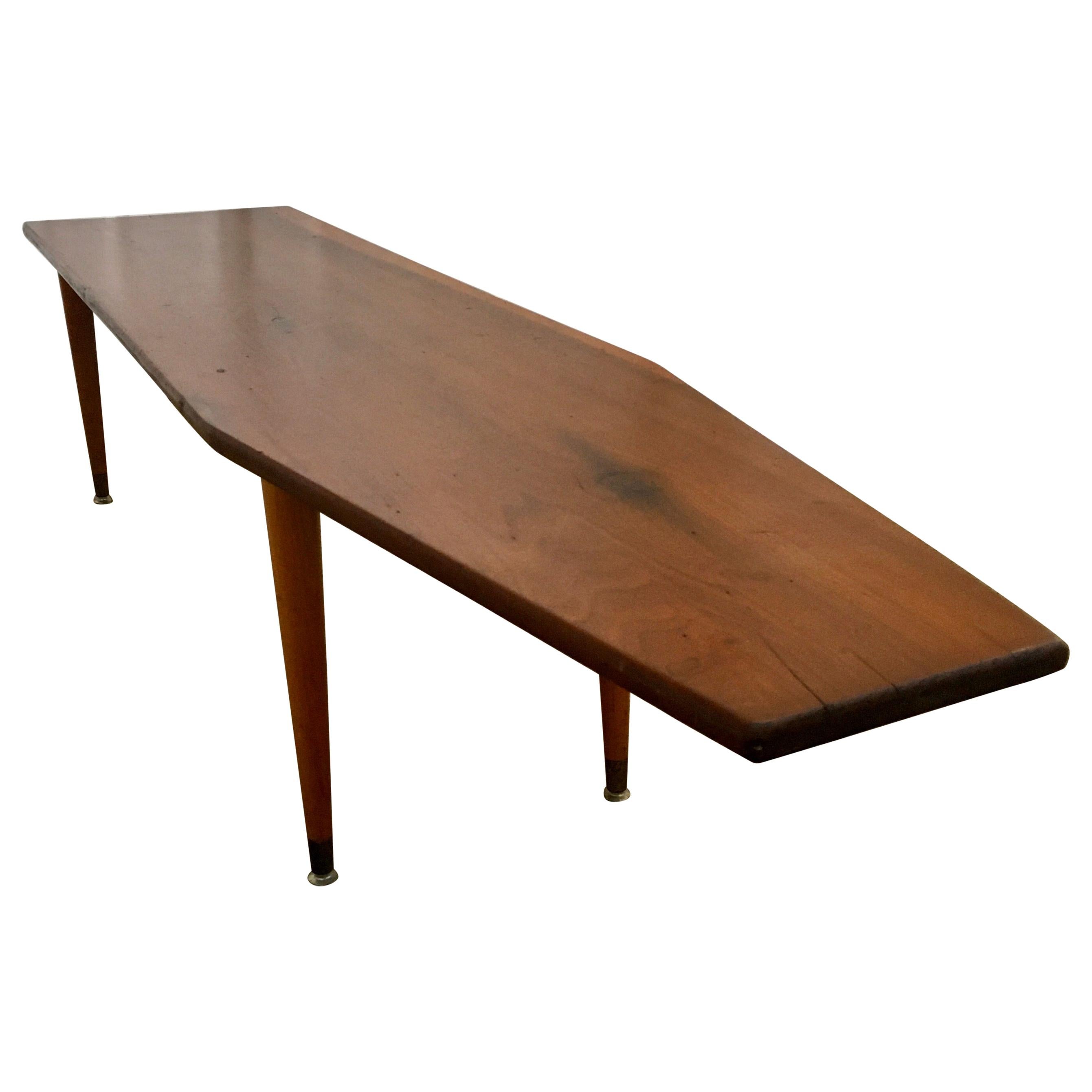 Long Asymmetrical Sculptural Danish Style Wood Coffee Table, Mid-Century Modern