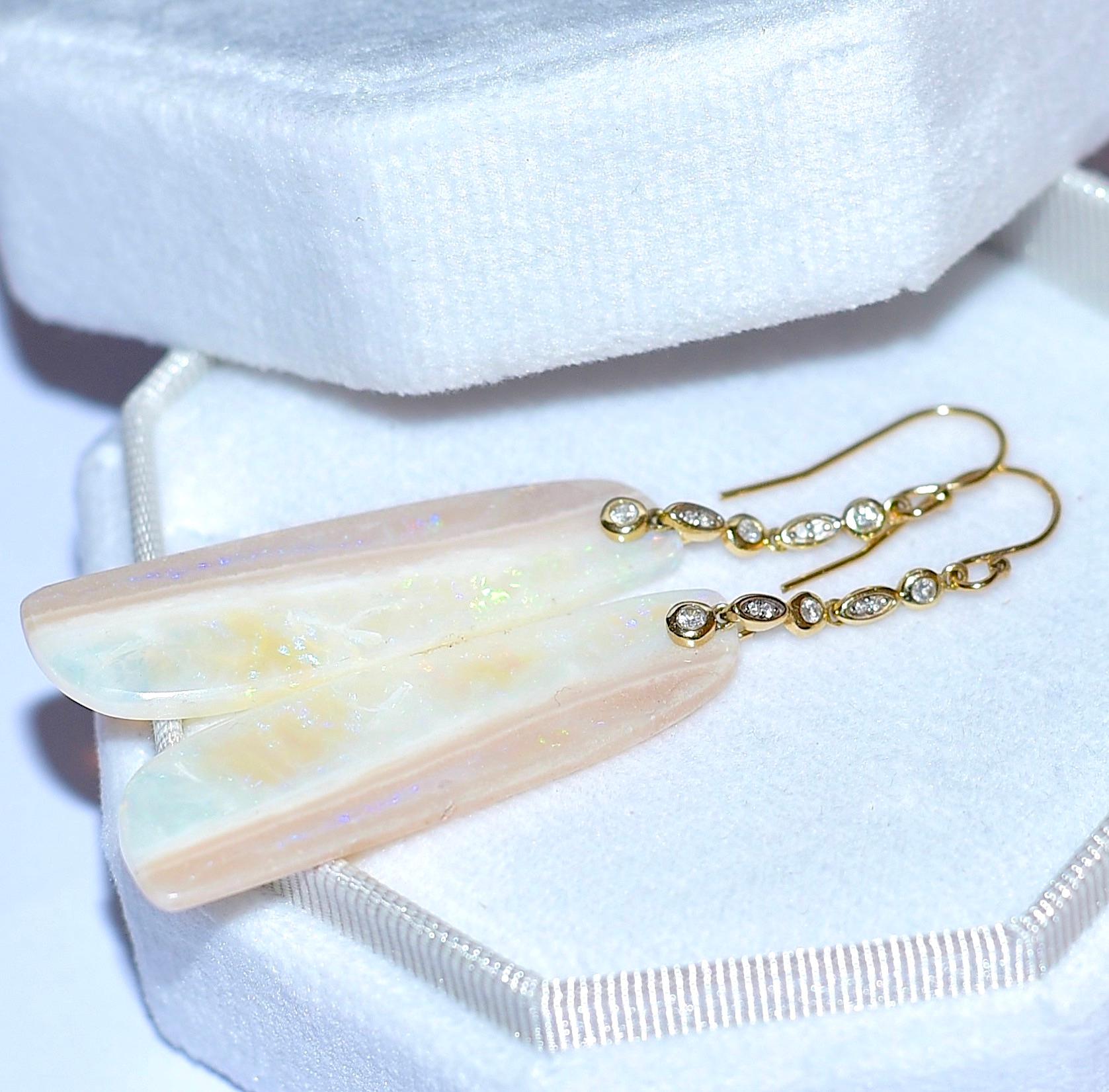 Oval Cut Long Australian White Opal Earrings with 14K Solid Yellow Gold, Diamonds