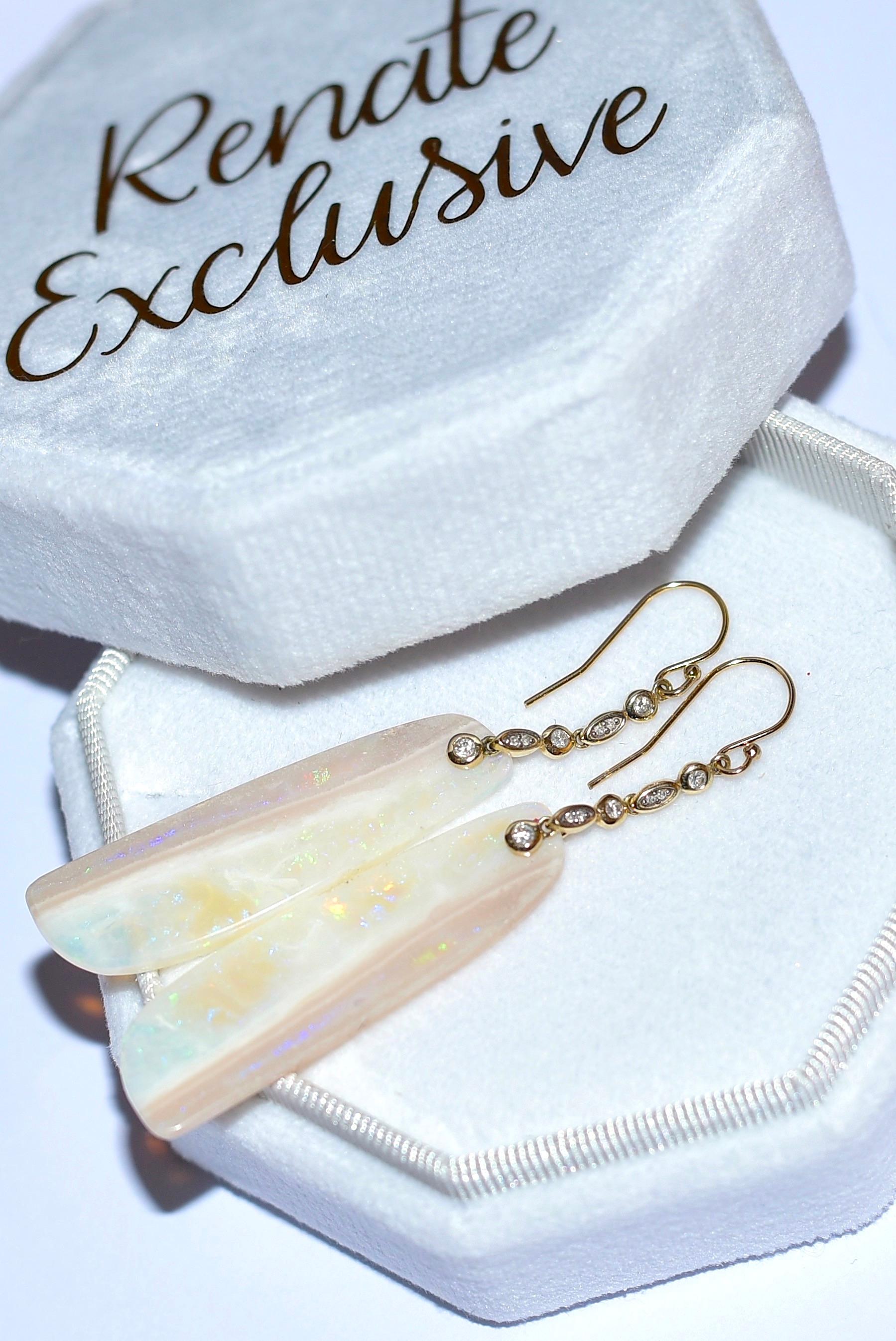 Women's Long Australian White Opal Earrings with 14K Solid Yellow Gold, Diamonds