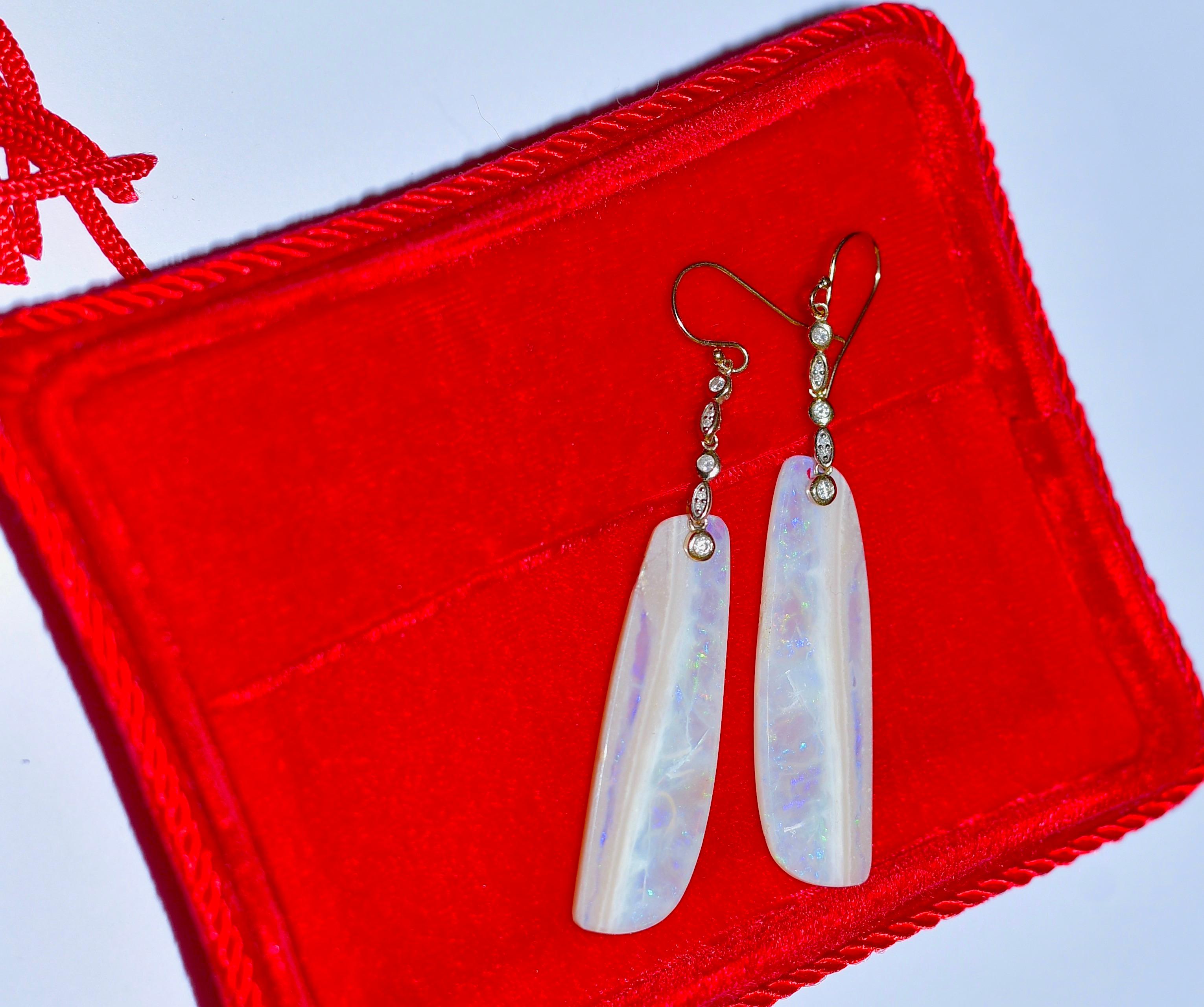 Long Australian White Opal Earrings with 14K Solid Yellow Gold, Diamonds 1