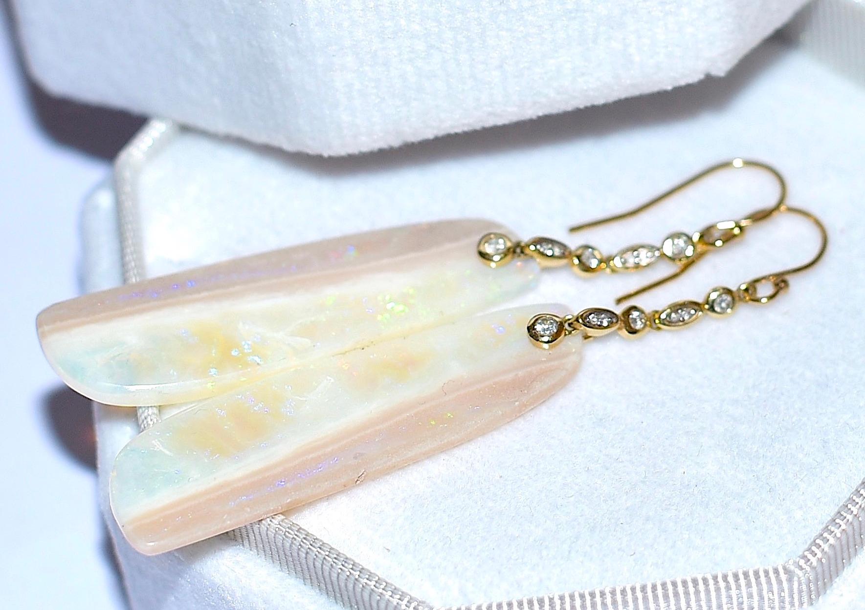 Long Australian White Opal Earrings with 14K Solid Yellow Gold, Diamonds 2