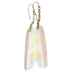 Long Australian White Opal Earrings with 14K Solid Yellow Gold, Diamonds