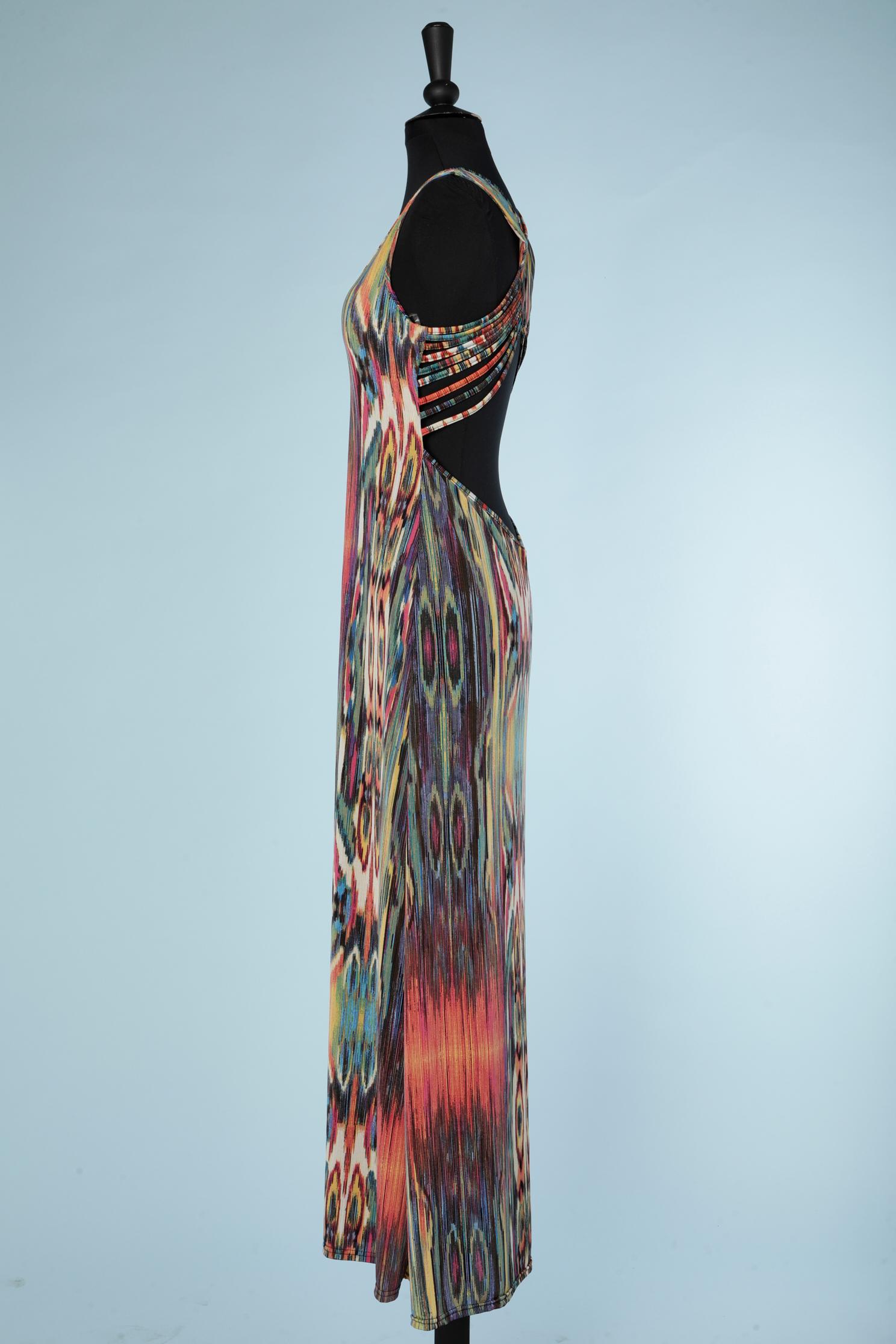 Long backless printed jersey evening dress with straps on the back In Excellent Condition For Sale In Saint-Ouen-Sur-Seine, FR