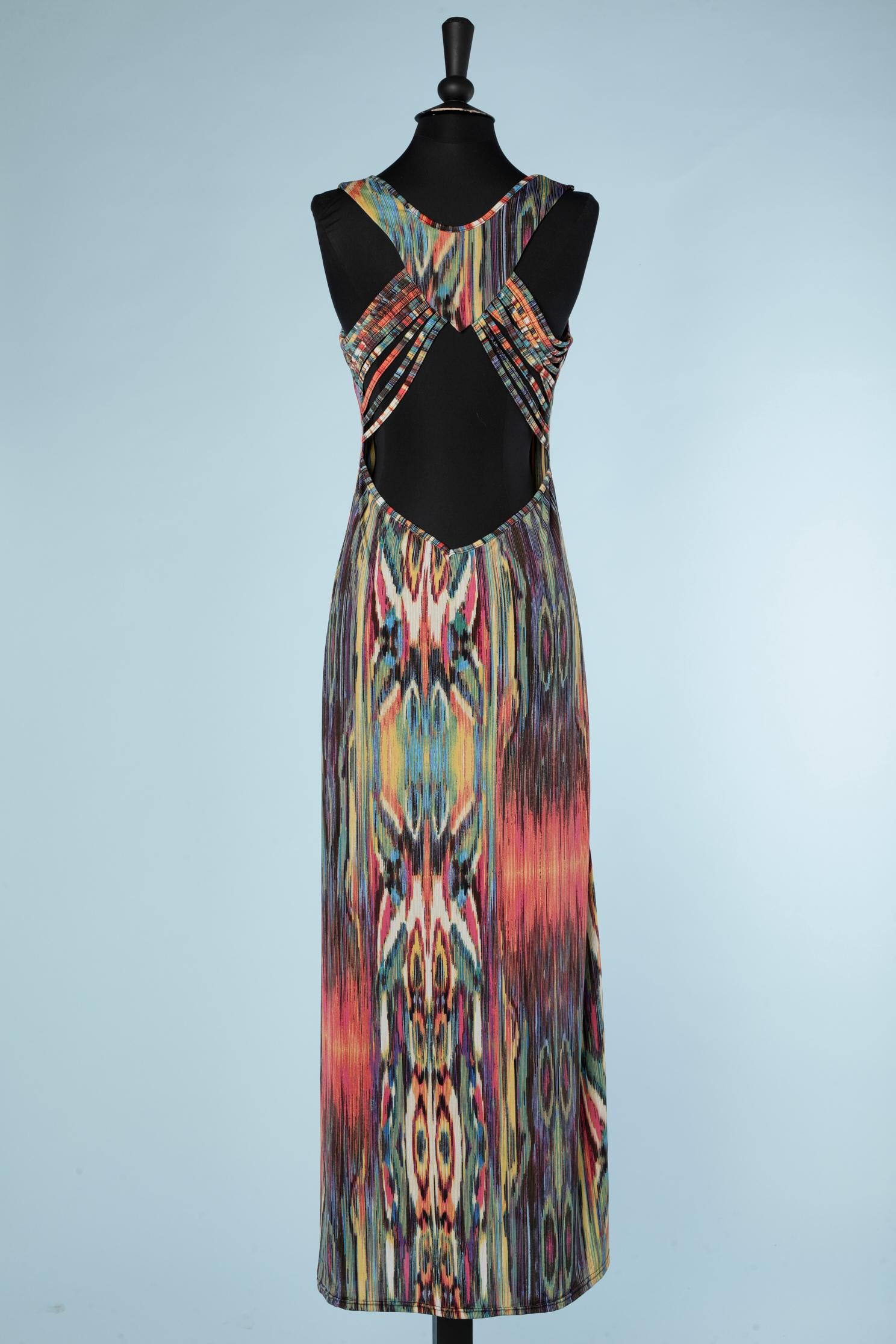 Women's Long backless printed jersey evening dress with straps on the back For Sale