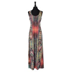 Long backless printed jersey evening dress with straps on the back