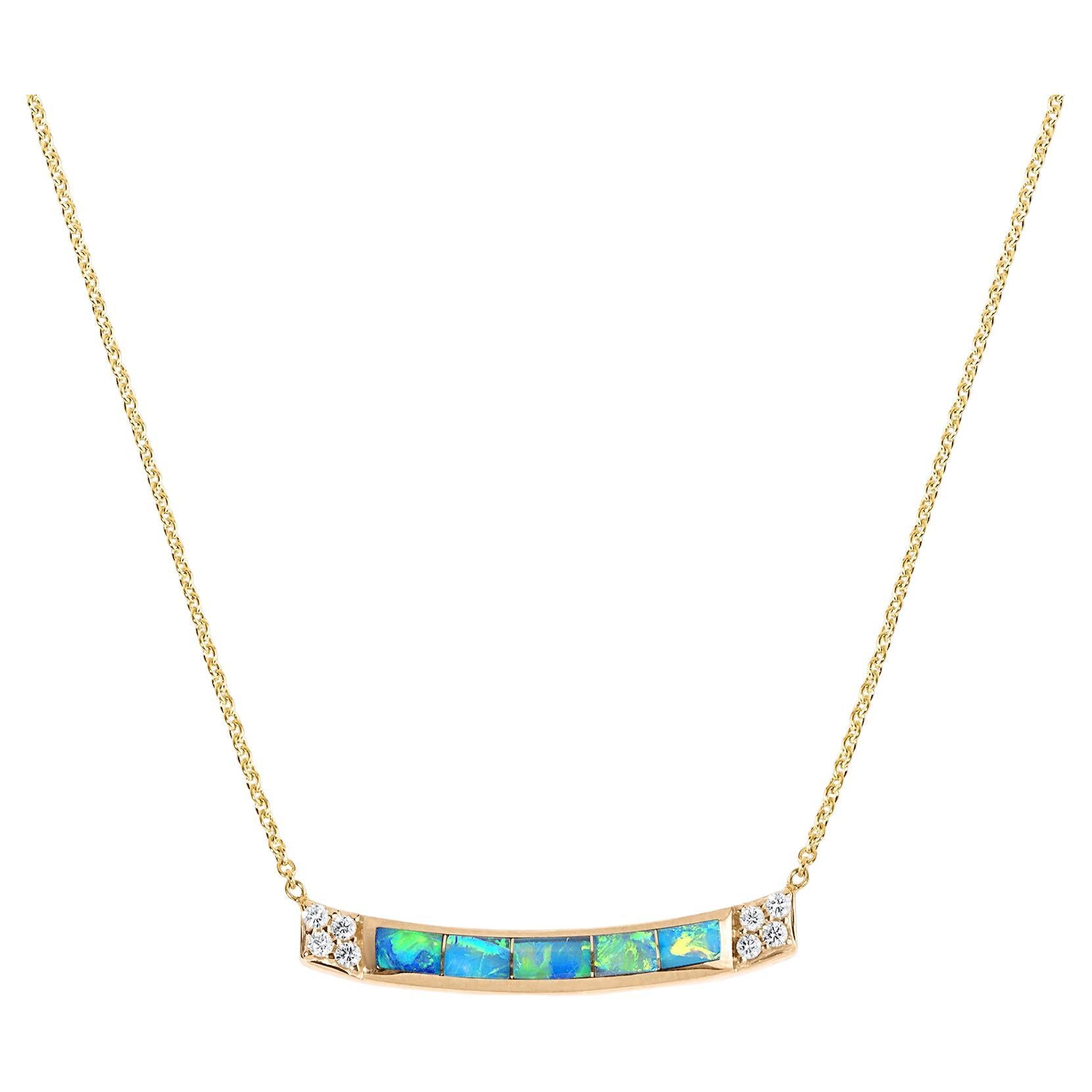 Long Bar, Australian Opal Inlay Necklace with Diamonds, 14kt Yellow Gold, by Kab