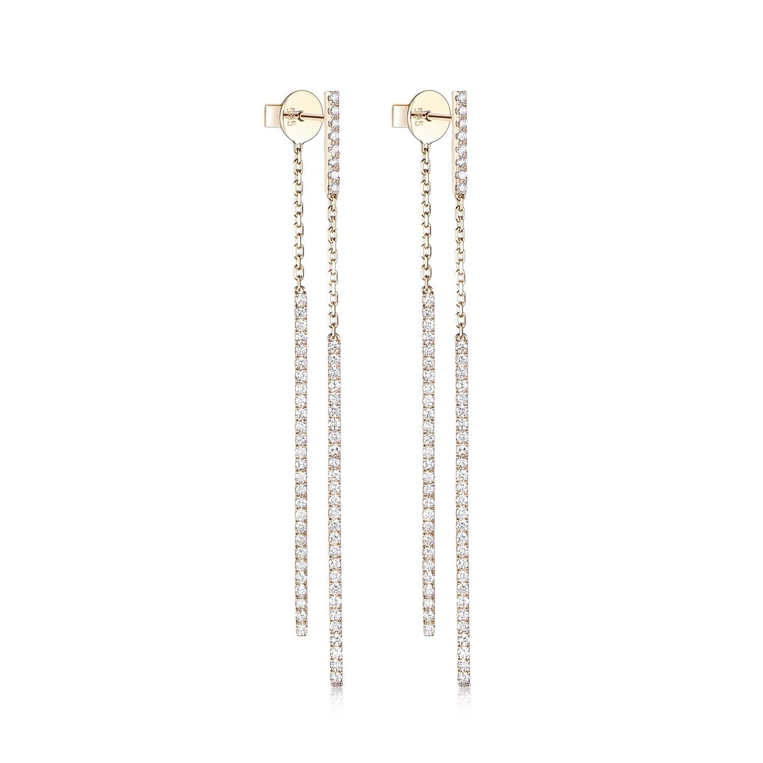 This earrings feature 1.45 carat of brilliance cut diamonds set in 2 bars on the front and at the back of the earrings. Earrings are set in 14 karat yellow gold. Great for everyday-use. 

Length 67 mm 
Diamonds 1.45 carat 
14 Karat Yellow Gold