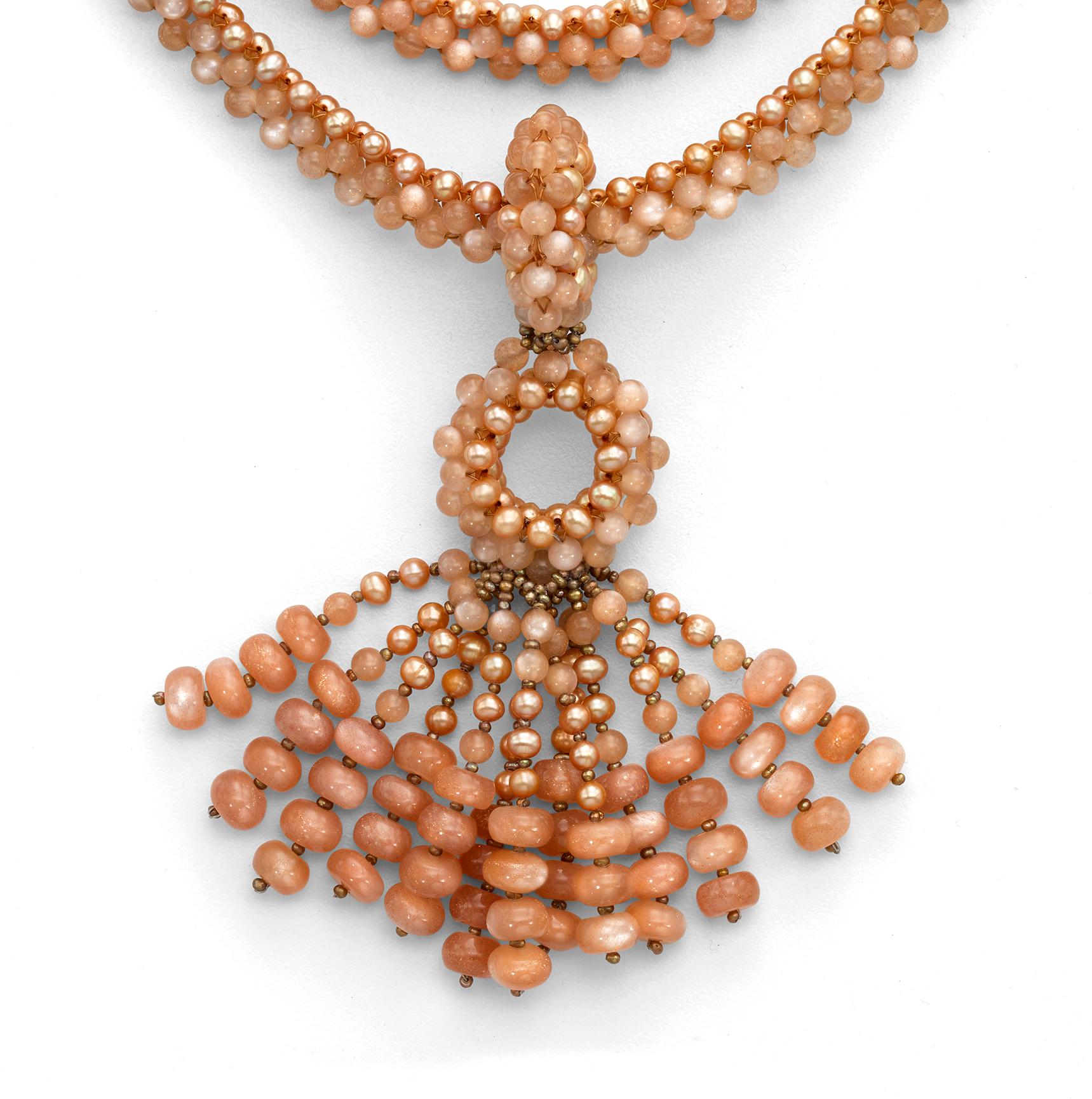 Modern Long Beaded Rope Tassel Necklace in 18k Gold, Pink Pearls, and Peach Moonstone For Sale
