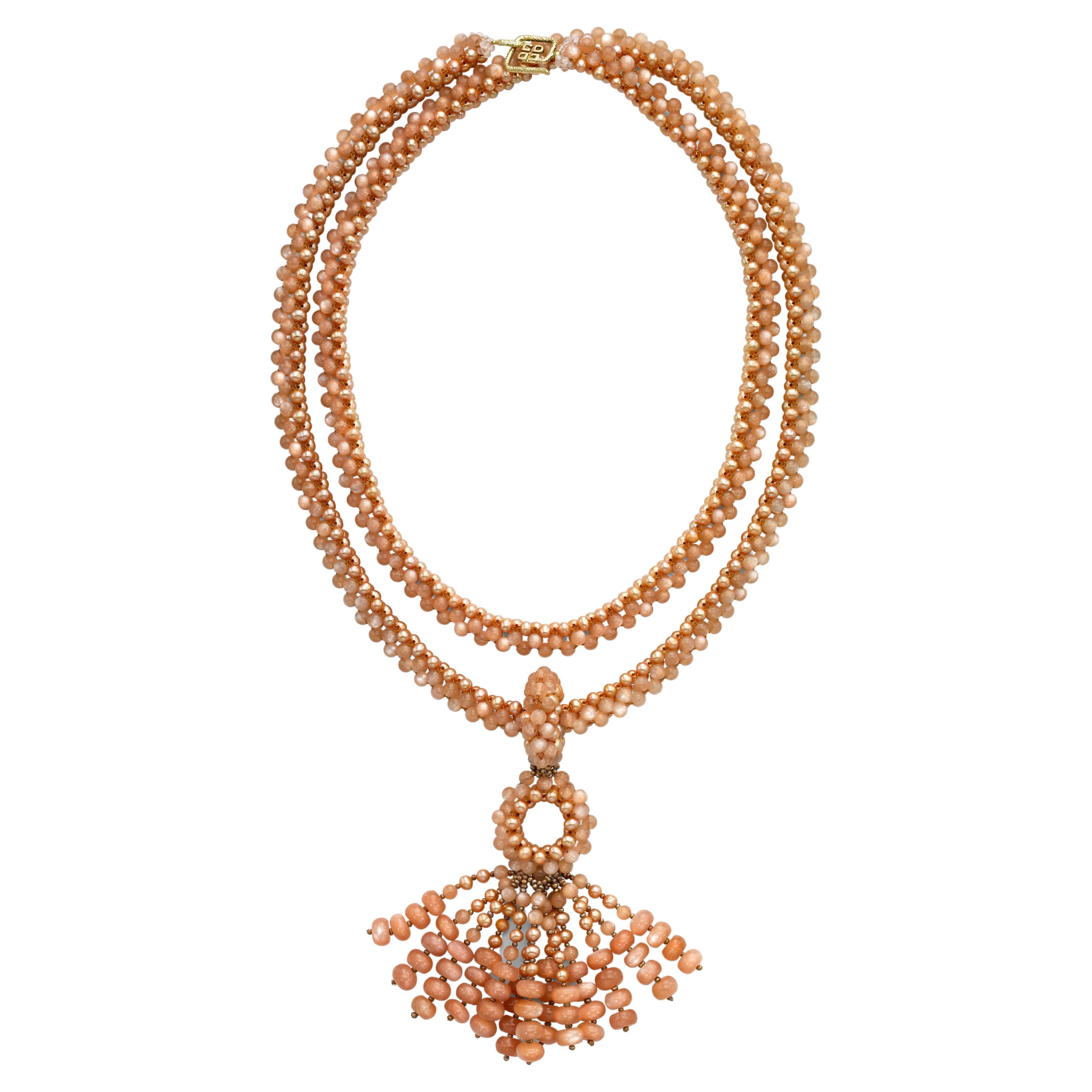 Long Beaded Rope Tassel Necklace in 18k Gold, Pink Pearls, and Peach Moonstone For Sale