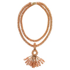 Long Beaded Rope Tassel Necklace in 18k Gold, Pink Pearls, and Peach Moonstone