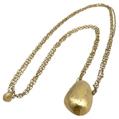 Long Bean Pendant Necklace on a Triple Strand Paperclip Chain in 18K Yellow Gold