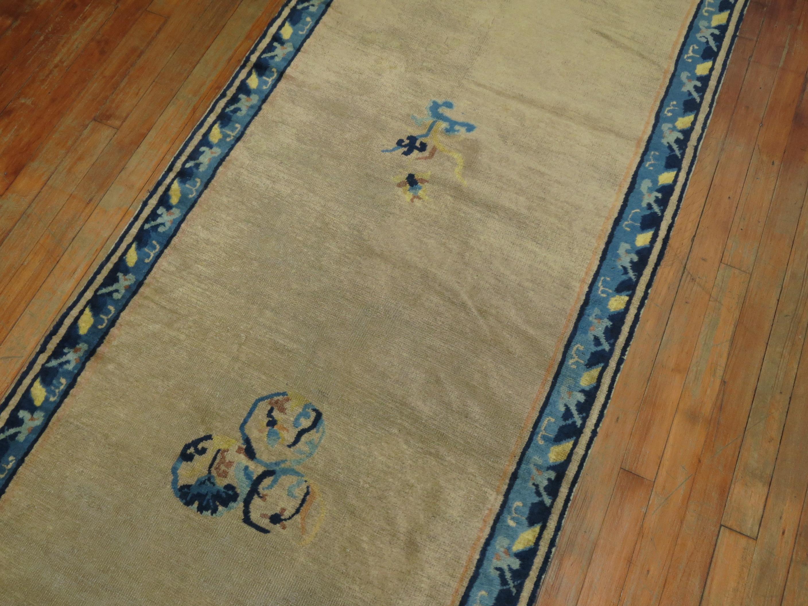 Wool Long Beige Blue Chinese Runner, Early-20th Century For Sale
