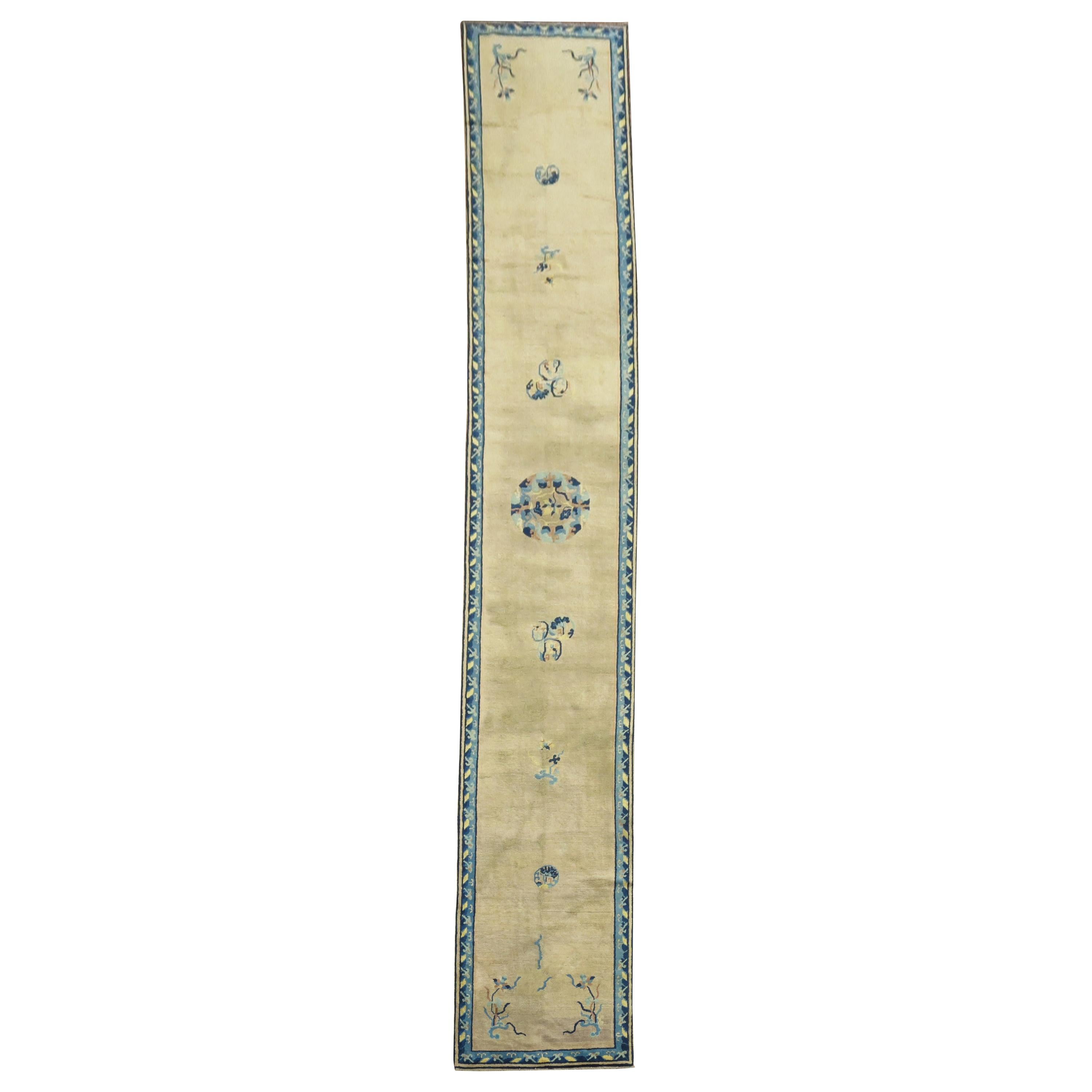 Long Beige Blue Chinese Runner, Early-20th Century For Sale