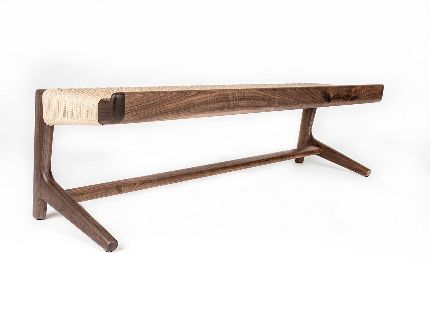 Hardwood, cantilever, woven Danish Cord long bench. This listing is for a 63.25