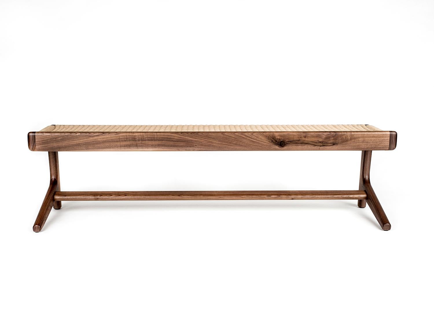 Hand-Crafted Long Bench, Cantilever, Mid-Century Style, Custom, Danish Cord, Woven, Hardwood