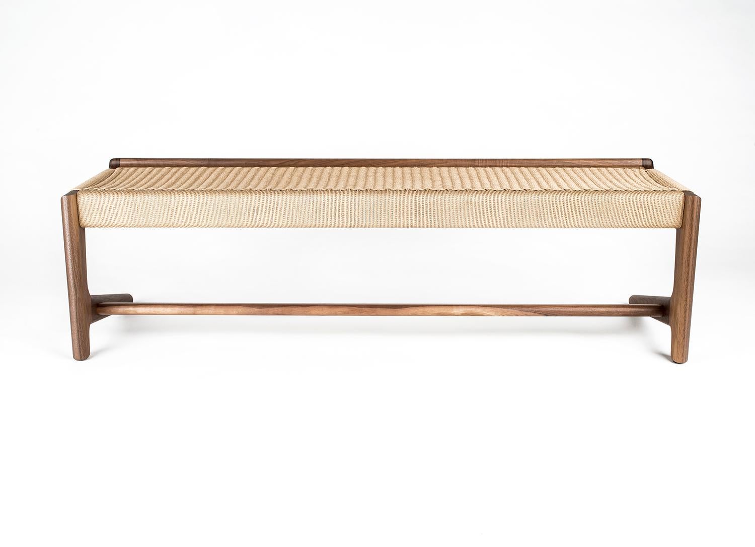 American Long Bench, Cantilever, Mid-Century Style, Custom, Danish Cord, Woven, Hardwood For Sale