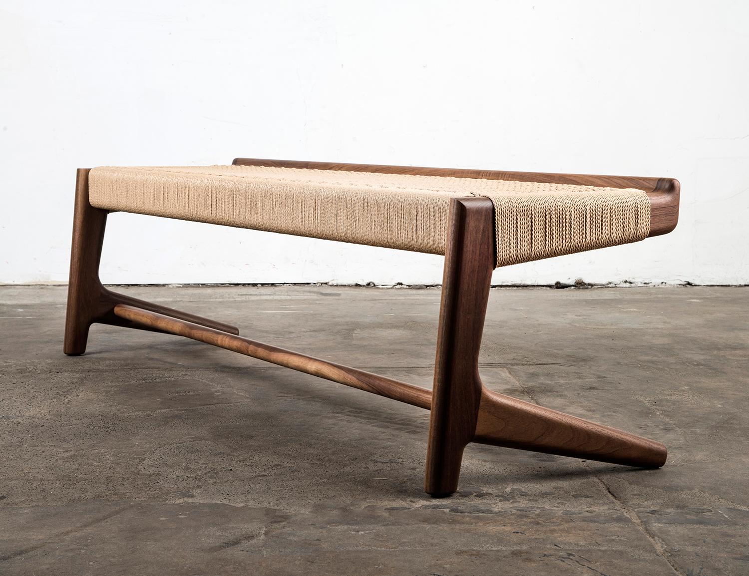 Contemporary Long Bench, Cantilever, Mid-Century Style, Custom, Danish Cord, Woven, Hardwood