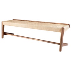 Banc long:: porte-à-faux:: style Midcentury:: personnalisé:: cordon danois:: tissé:: bois dur