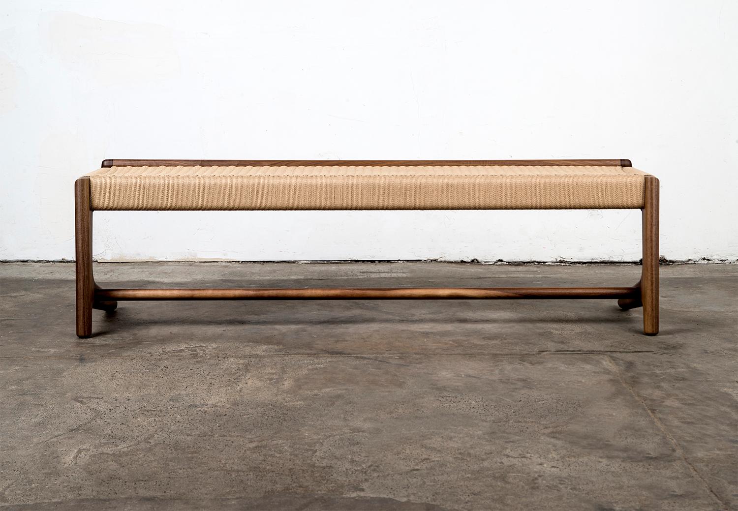 Long Bench, Cantilever, Midcentury-Style, Custom, Danish Cord, Woven, Hardwood 1