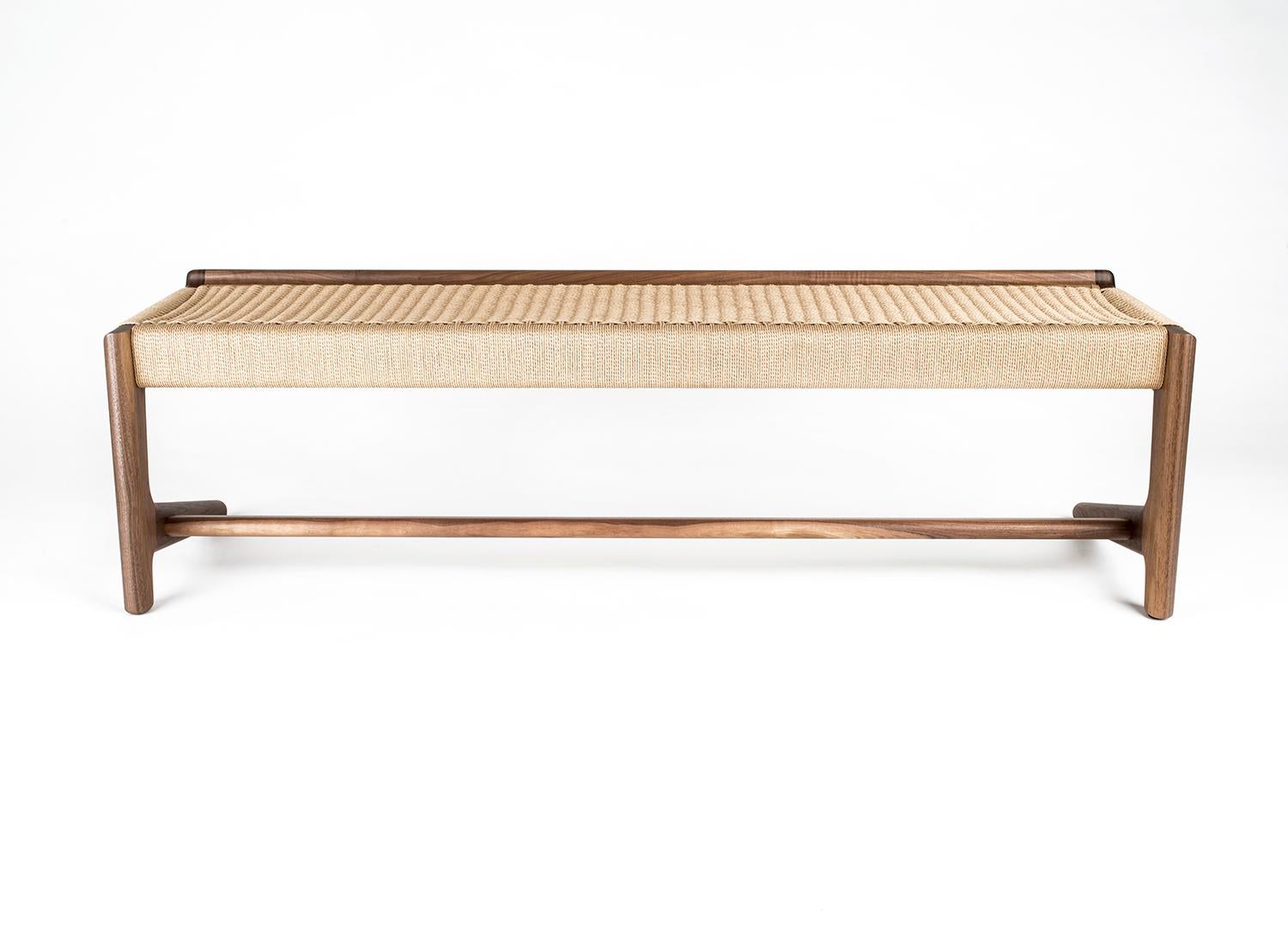 Mid-Century Modern Long Bench, Cantilever, Midcentury-Style, Custom, Danish Cord, Woven, Hardwood