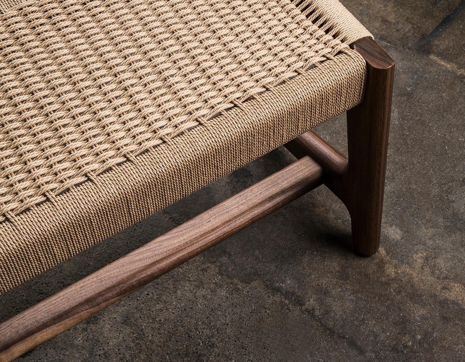 Hand-Crafted Long Bench, Cantilever, Midcentury-Style, Custom, Danish Cord, Woven, Hardwood