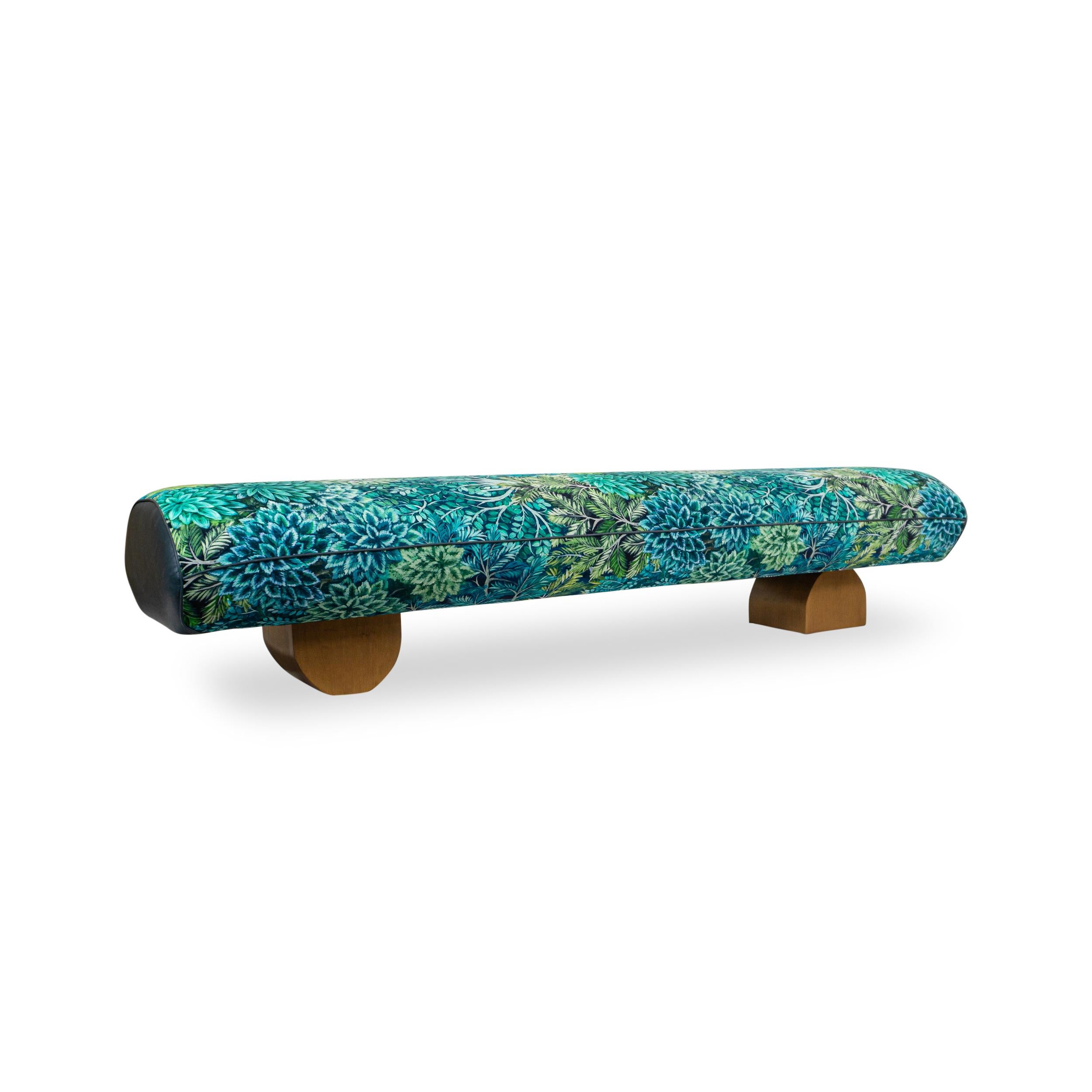 Modern Long Bench Lounge with Bauhaus Feet and Blue Green Botanical Printed Velvet For Sale