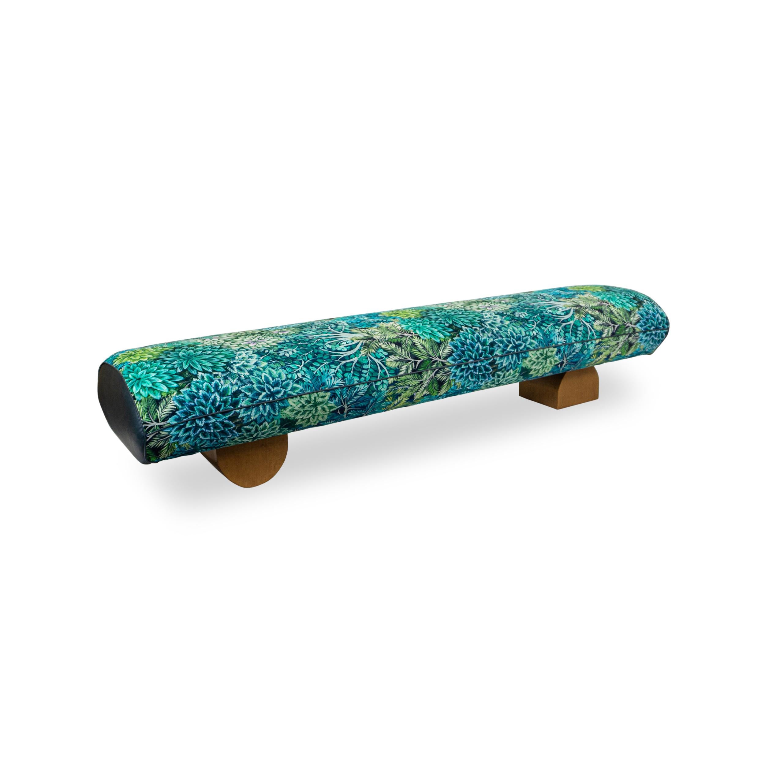 American Long Bench Lounge with Bauhaus Feet and Blue Green Botanical Printed Velvet For Sale