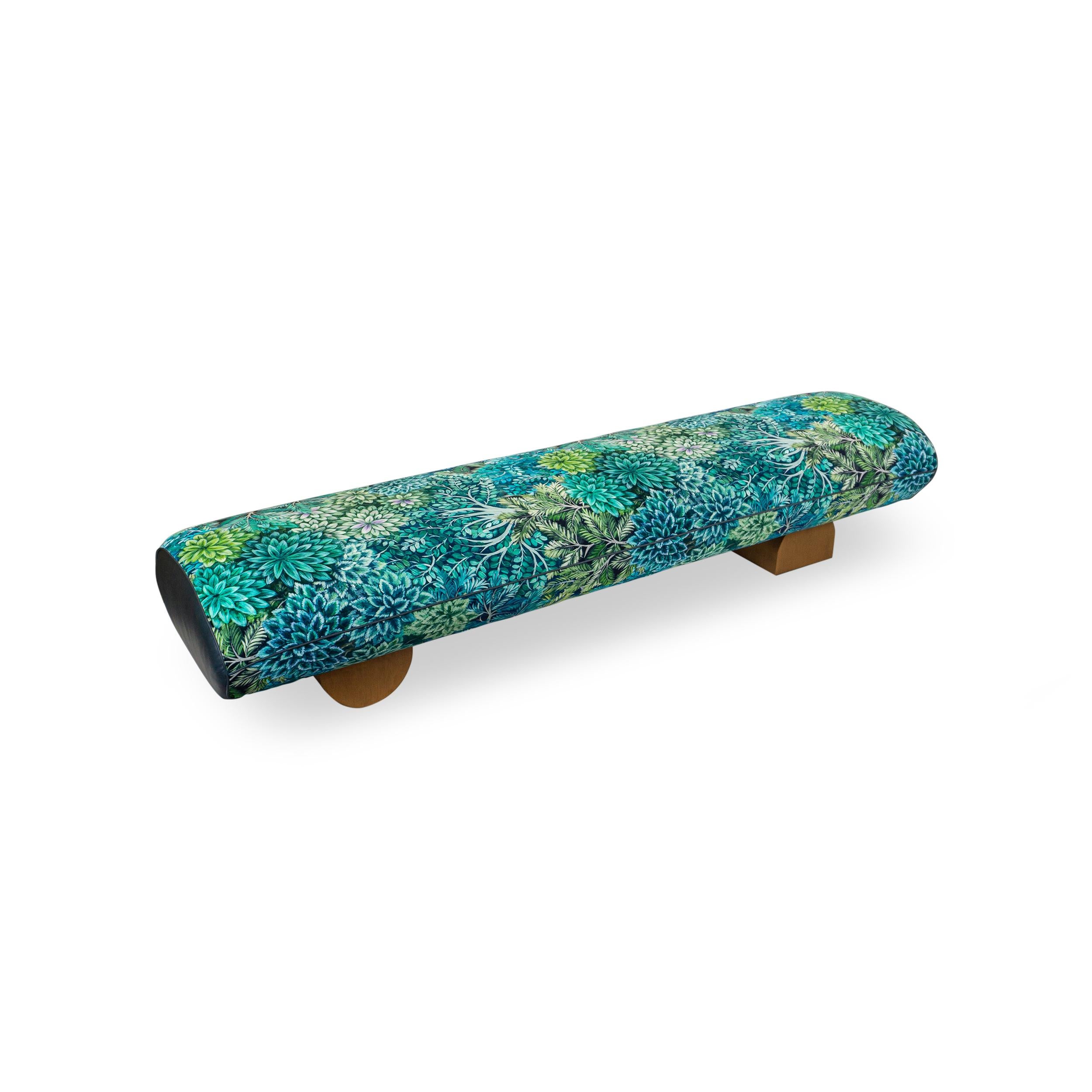 Stained Long Bench Lounge with Bauhaus Feet and Blue Green Botanical Printed Velvet For Sale