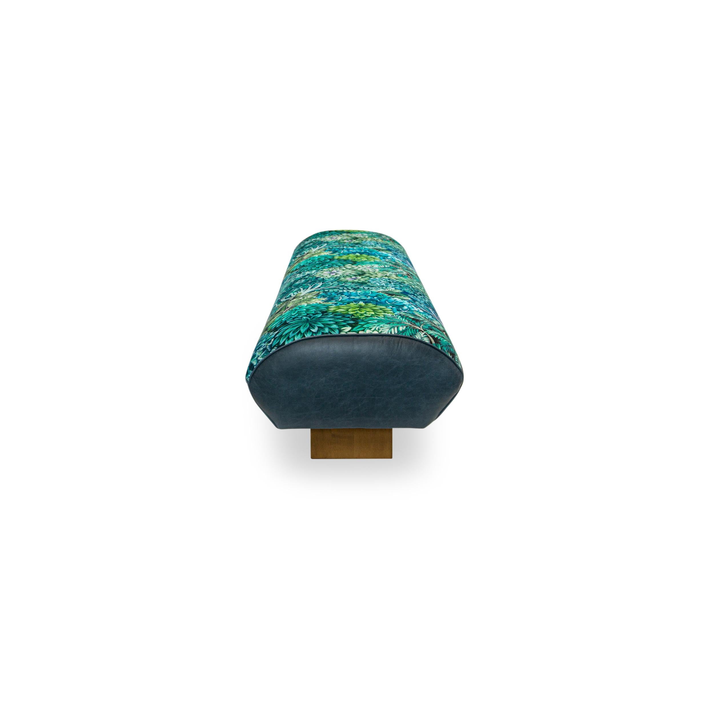 Contemporary Long Bench Lounge with Bauhaus Feet and Blue Green Botanical Printed Velvet For Sale