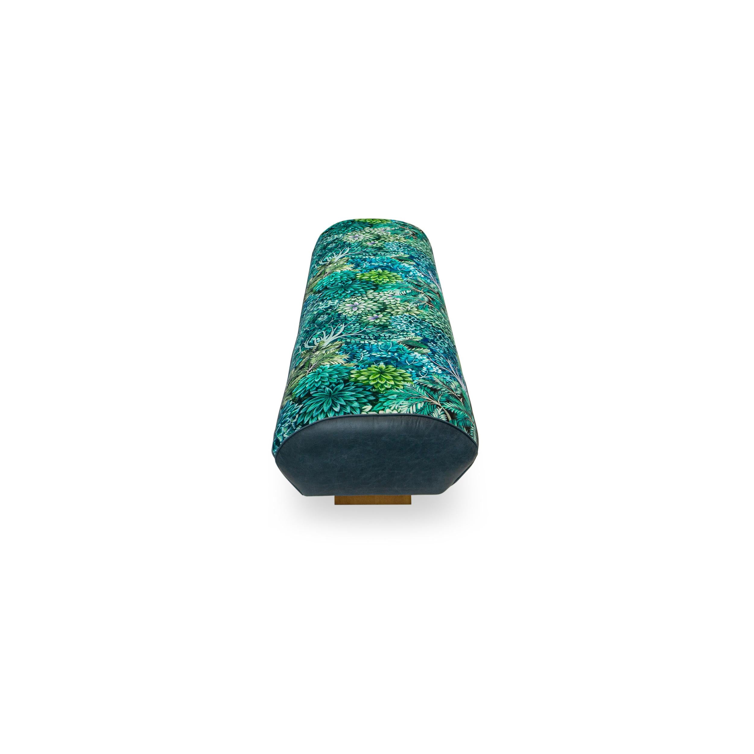 Leather Long Bench Lounge with Bauhaus Feet and Blue Green Botanical Printed Velvet For Sale