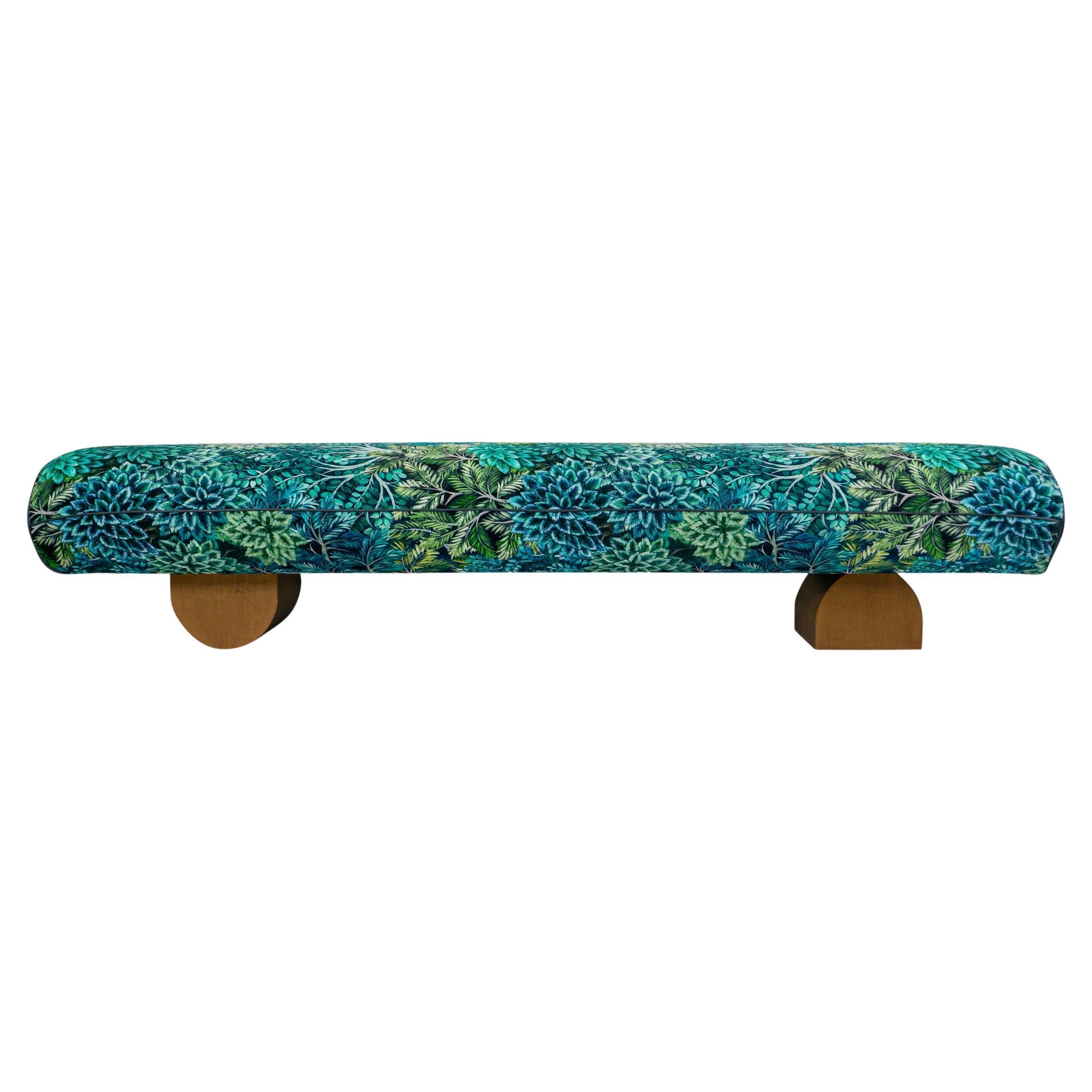 Long Bench Lounge with Bauhaus Feet and Blue Green Botanical Printed Velvet For Sale