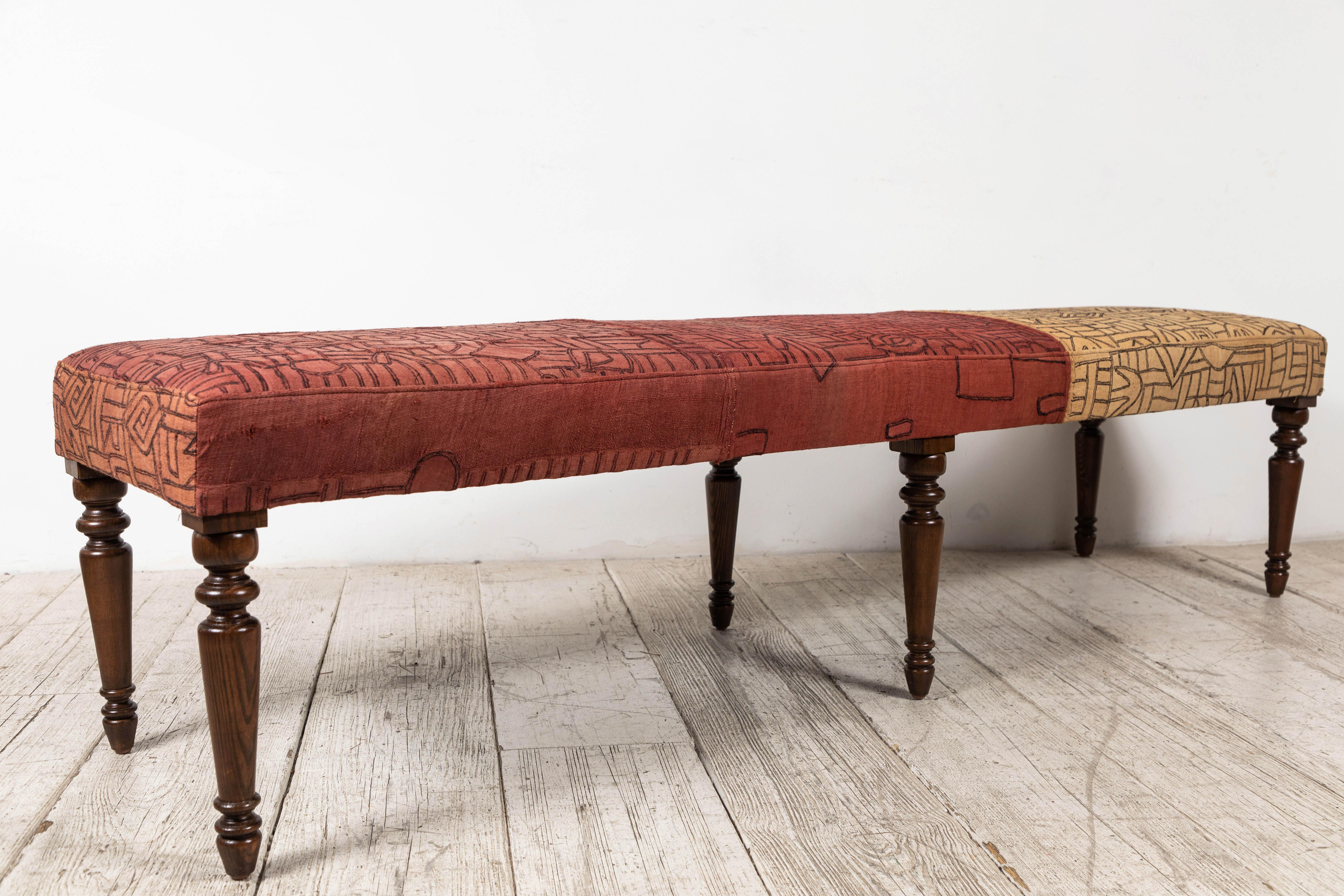 Long Bench with Stained Turned Legs Upholstered in Vintage African Kuba Cloth 6