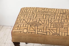 Long Bench with Stained Turned Legs Upholstered in Vintage African Kuba Cloth