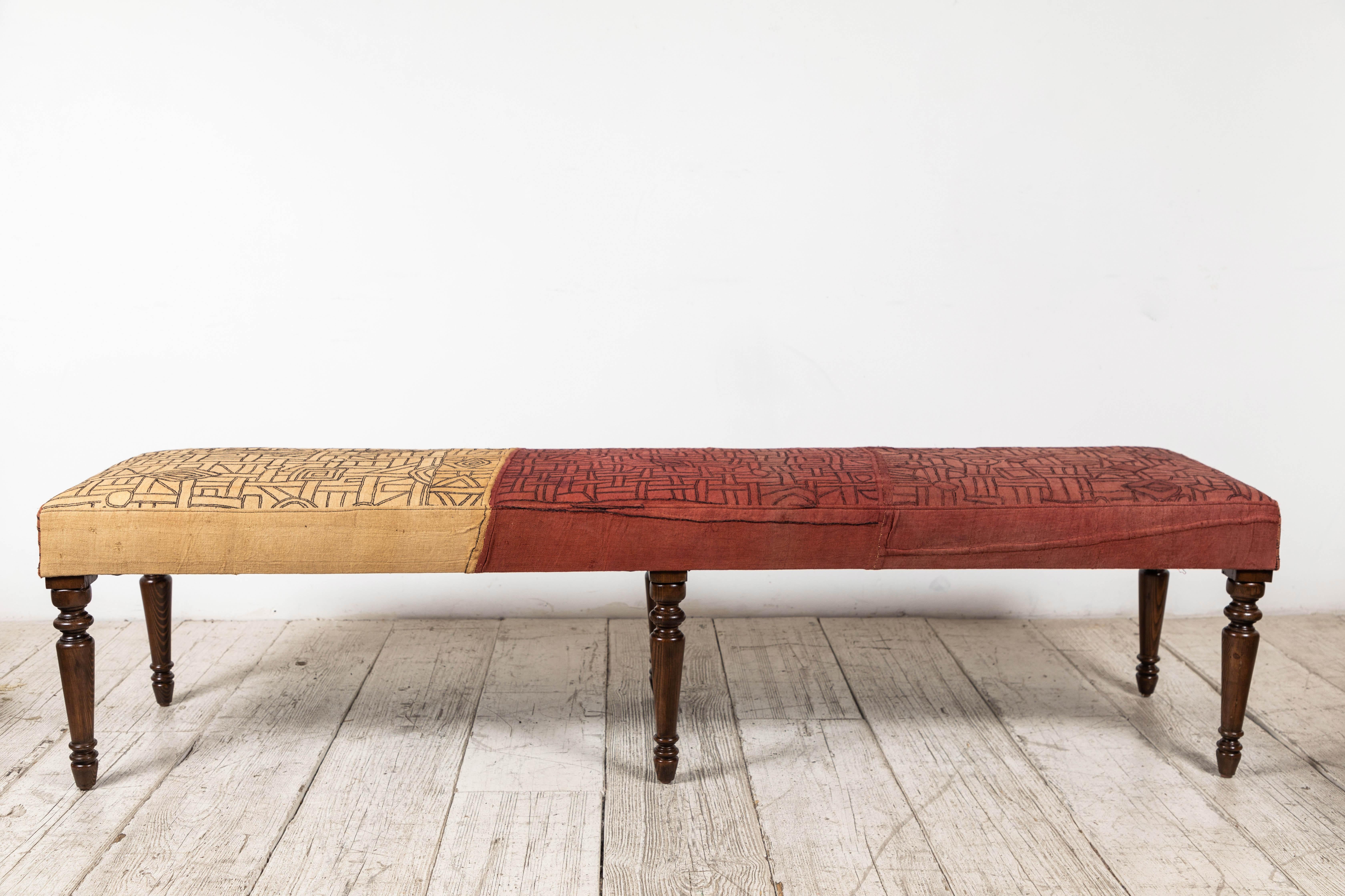 Long Bench with Stained Turned Legs Upholstered in Vintage African Kuba Cloth 3