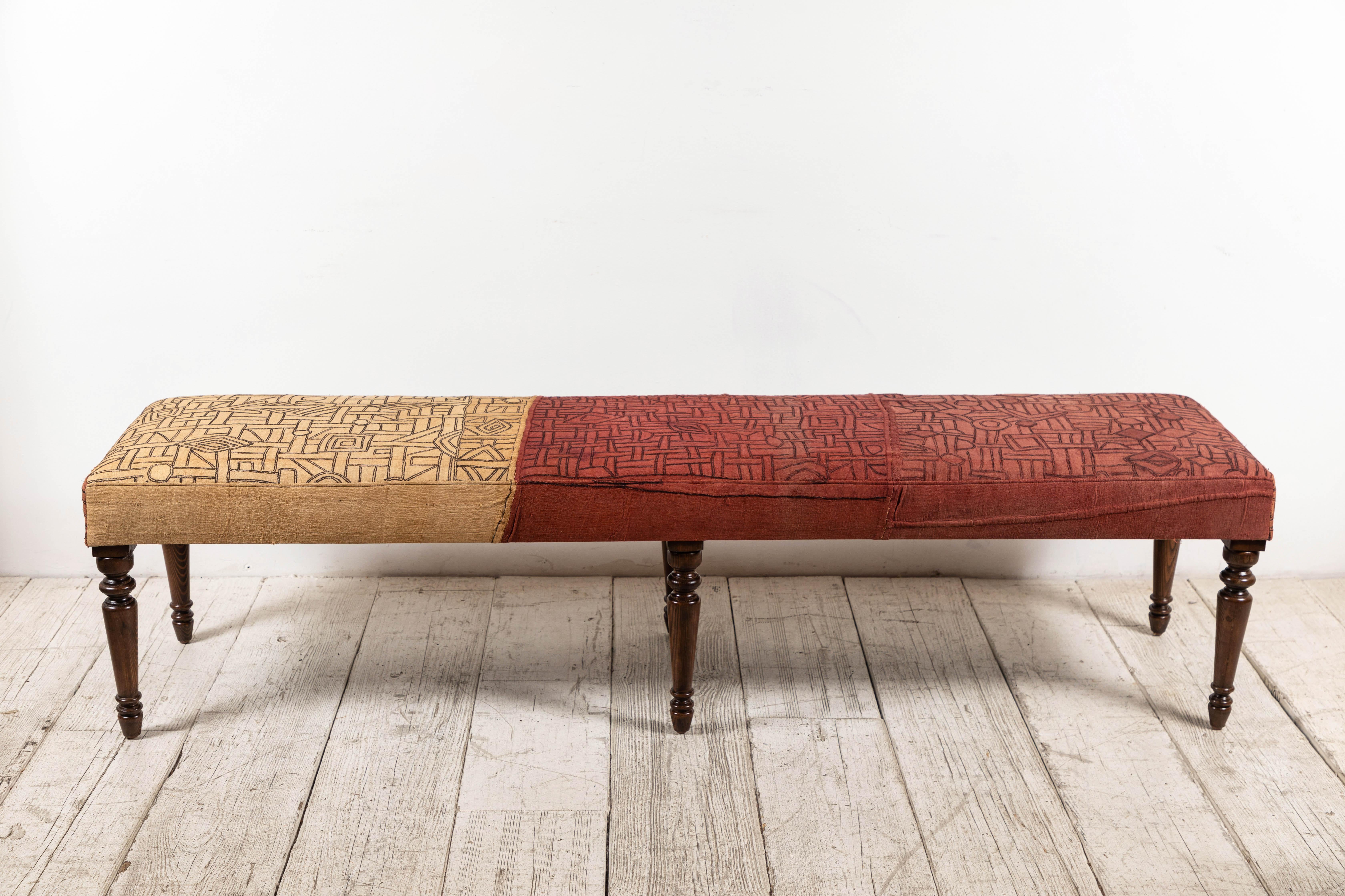 Long Bench with Stained Turned Legs Upholstered in Vintage African Kuba Cloth 4