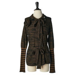 Langer schwarzer und brauner Chiné-Cardigan mit Strickblume und Gürtel Sonia Rykiel