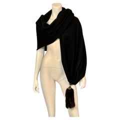Long Black Cashmere Shawl with Metallic Gold Trimmed Mink Tassels