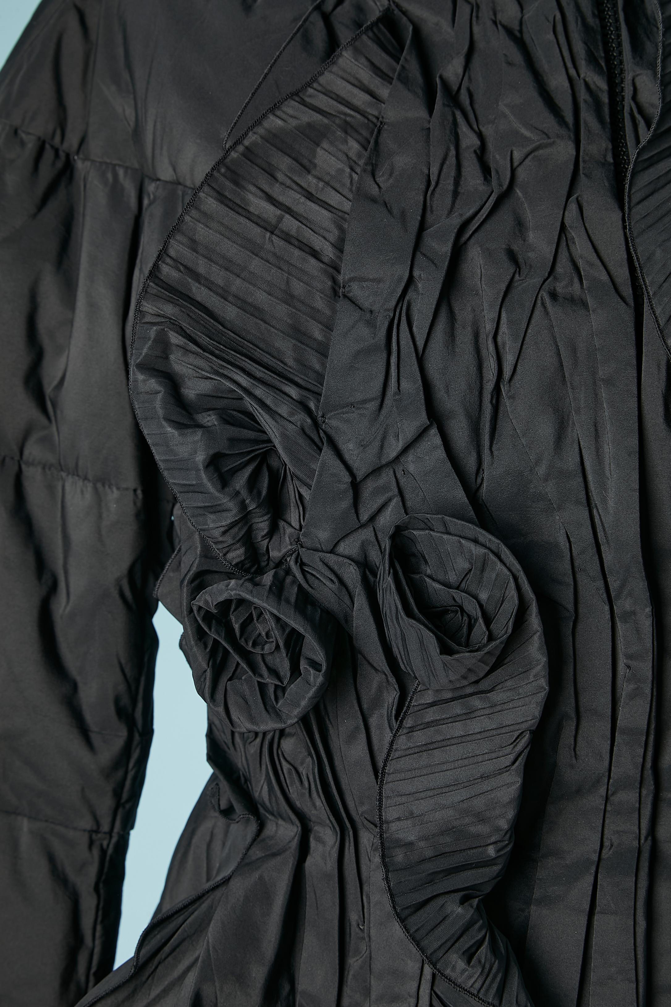 Long black down coat with draped and pleated ruffles front Ermanno Scervino  1