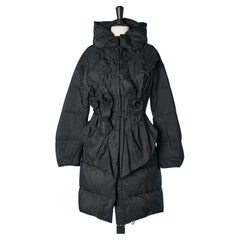 Long black down coat with draped and pleated ruffles front Ermanno Scervino 