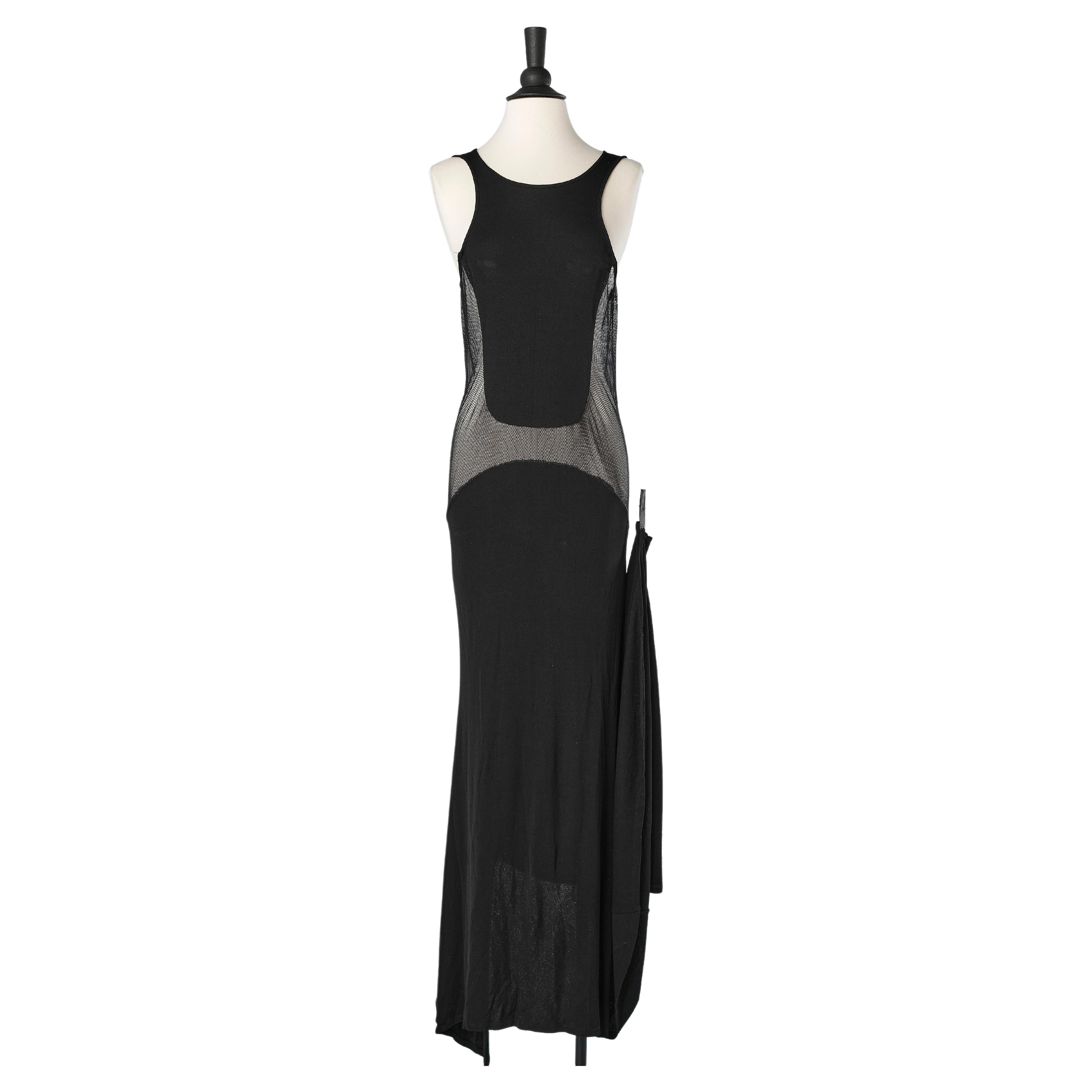 Long black evening drag dress with jersey and see-through resille Versus Versace