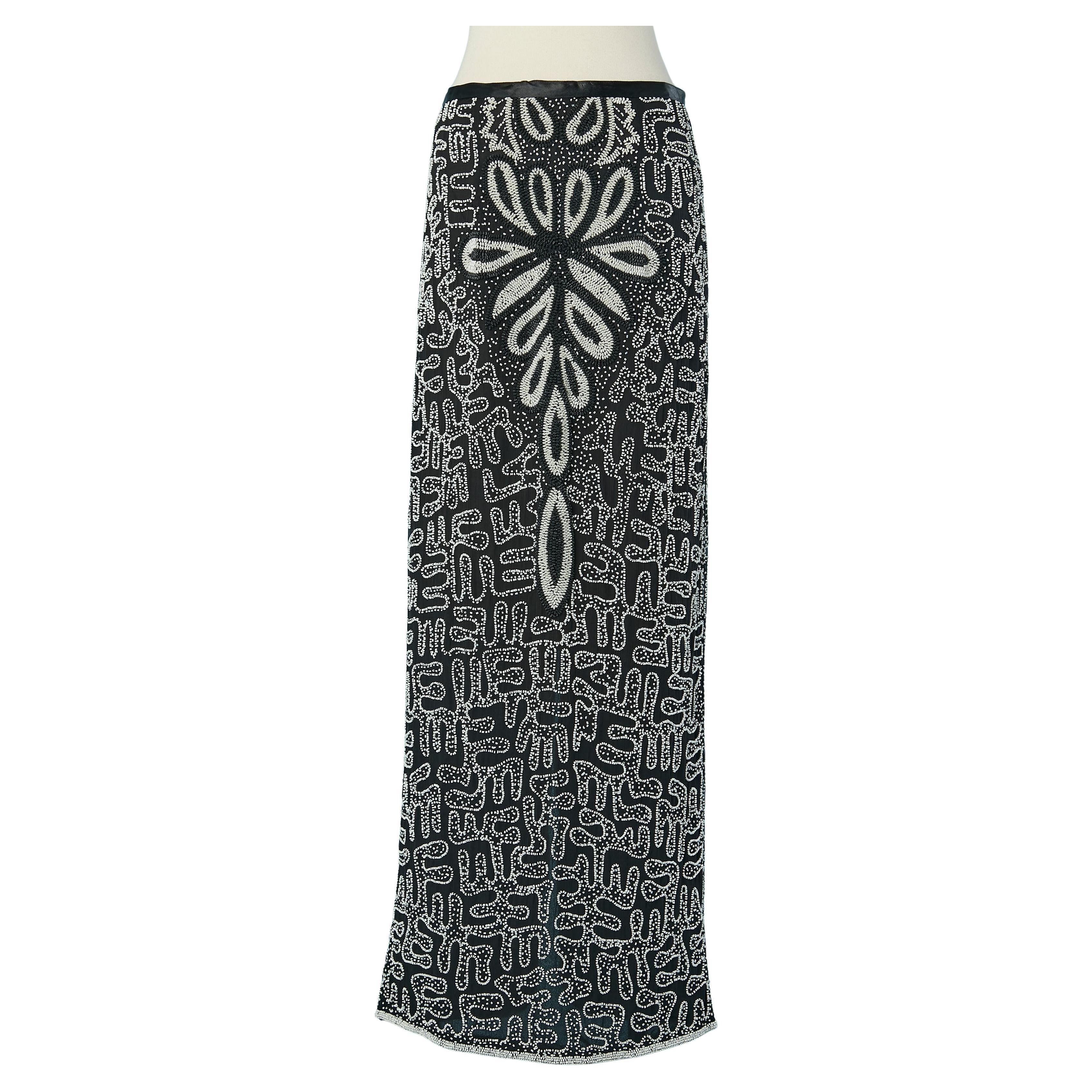 Long black evening skirt with white beaded work For Sale