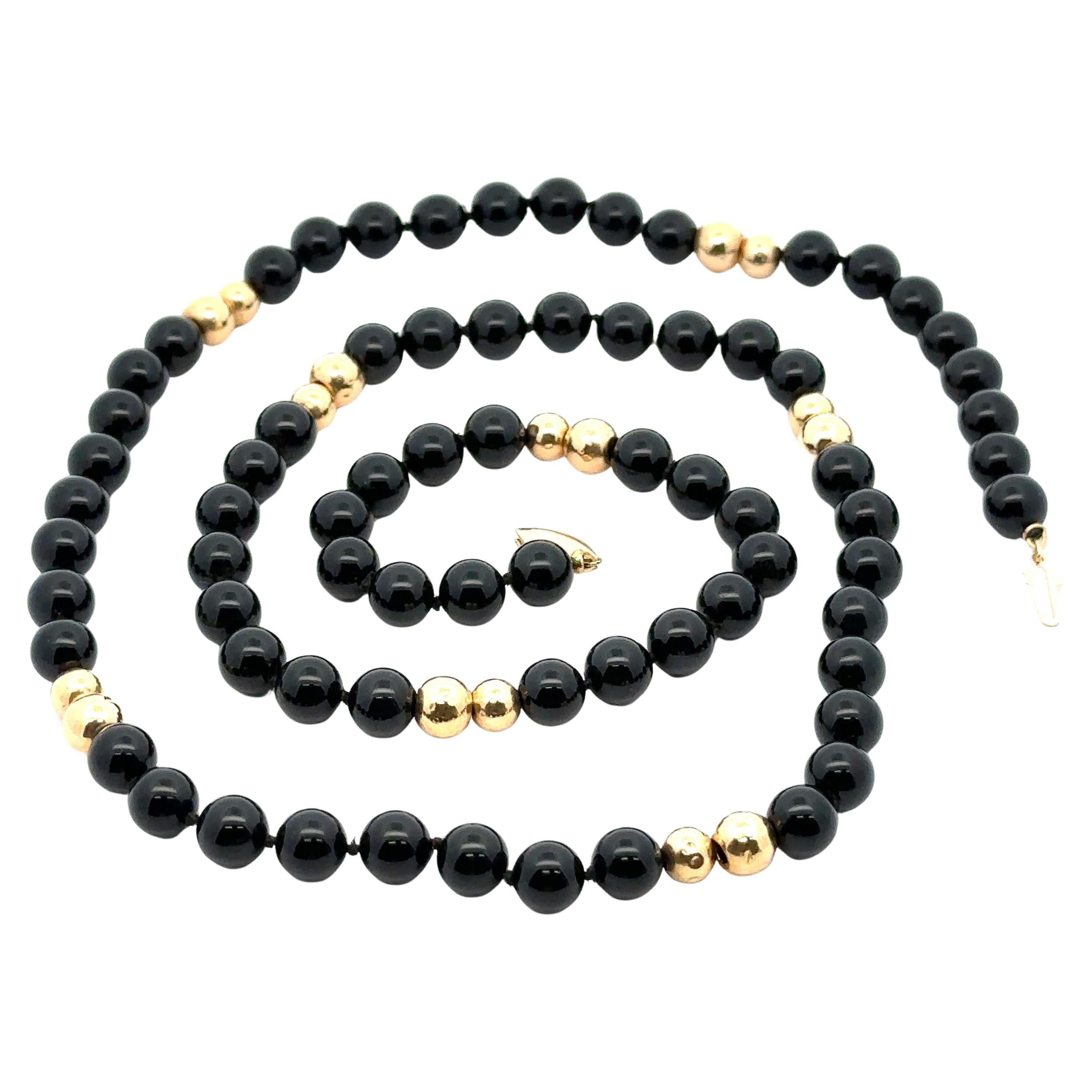 Long Black Onyx Strand 28" Necklace 14k Yellow Gold Bead Stations & Clasp For Sale