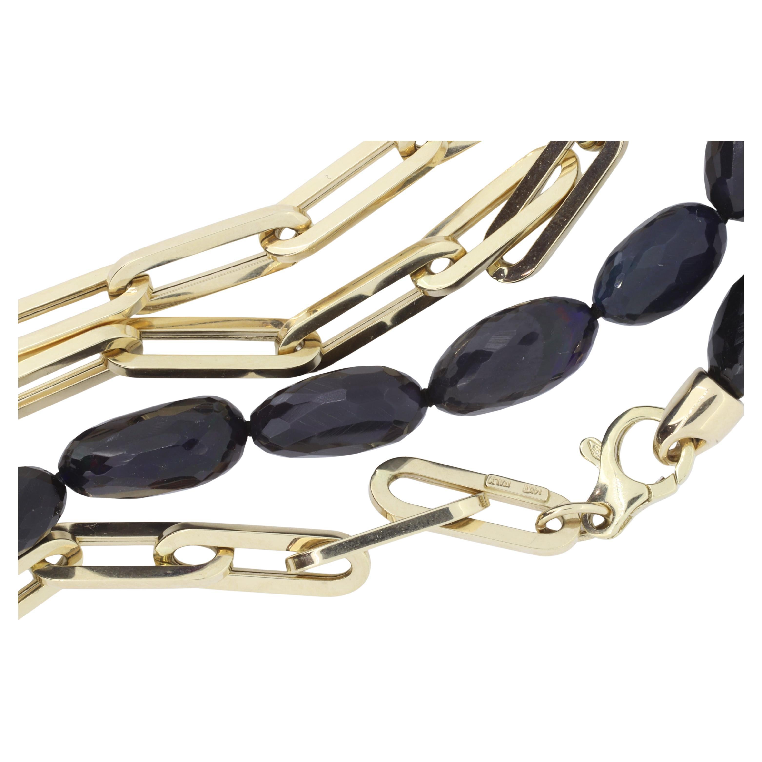Taglio ovale Collana lunga con perle di opale nero e link in oro 14k - 32 pollici di collana a strati in vendita