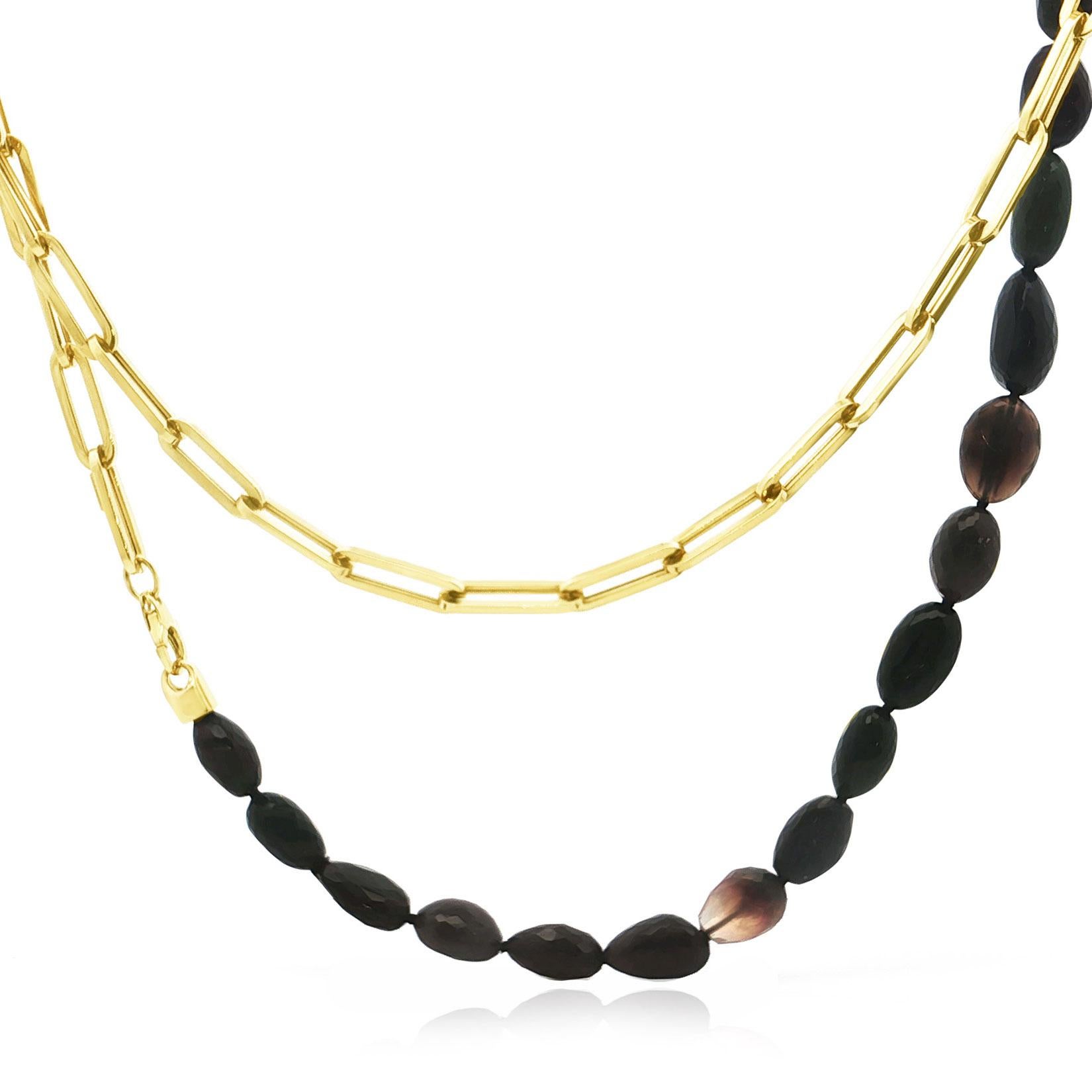 Collana lunga con perle di opale nero e link in oro 14k - 32 pollici di collana a strati In condizioni Nuovo in vendita a GREAT NECK, NY