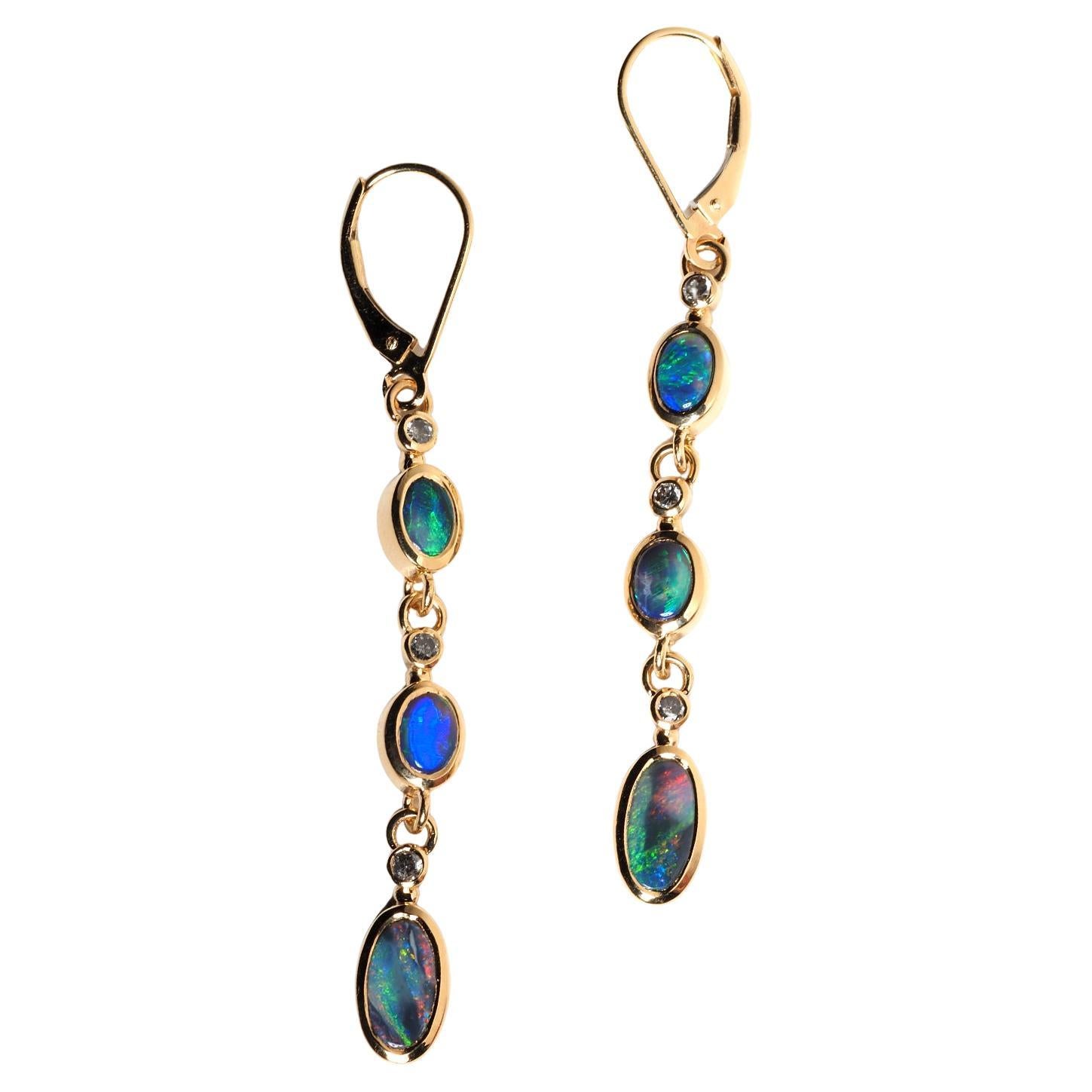 Long Black Opal Diamond 18K Yellow Gold Earrings opal wedding anniversart gift
