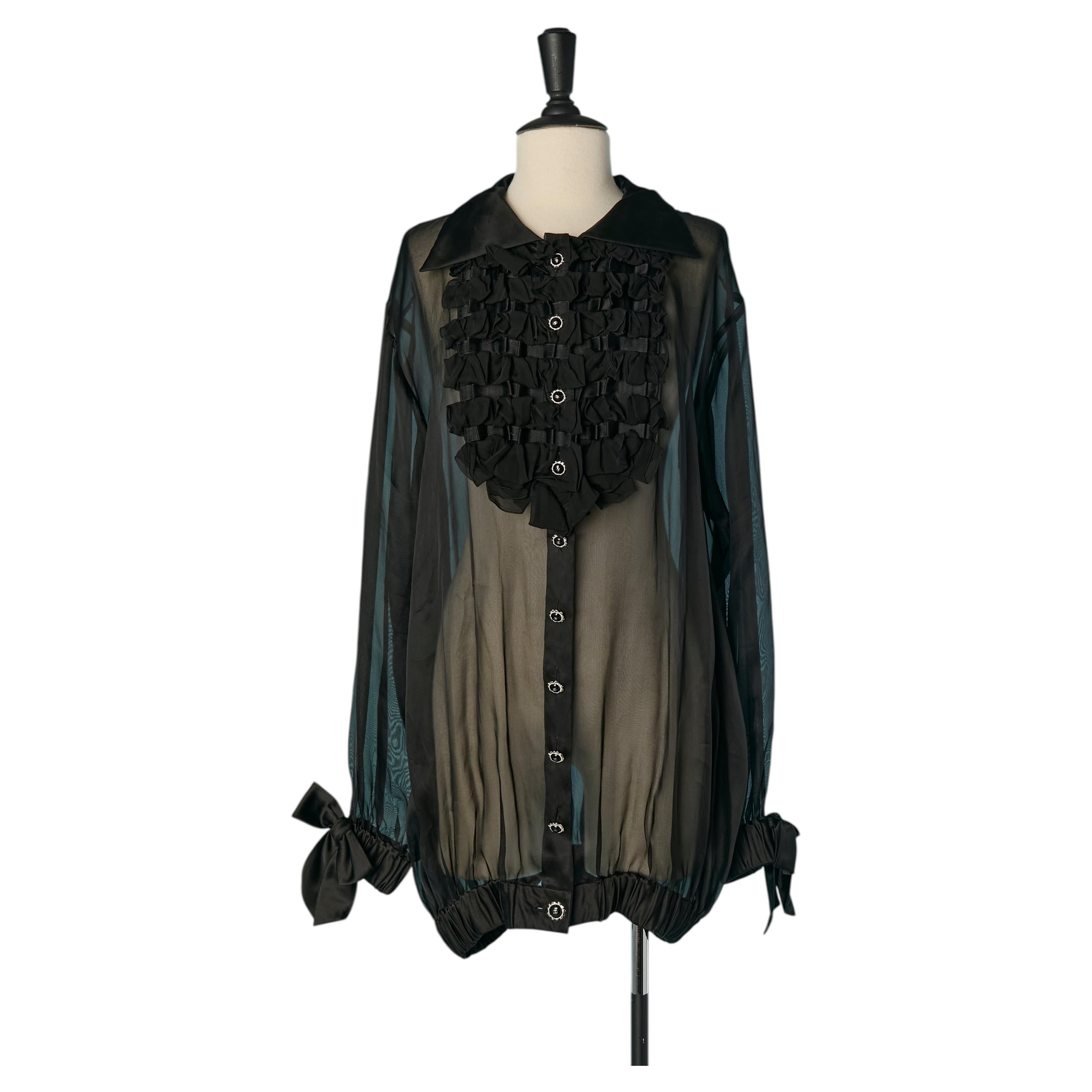 Long black organza shirt with silk-chiffon jabot and bow CHANEL