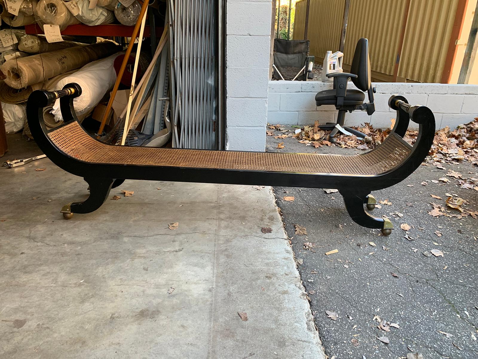 Long Black Regency Style Cane Bench, circa 1930s 8