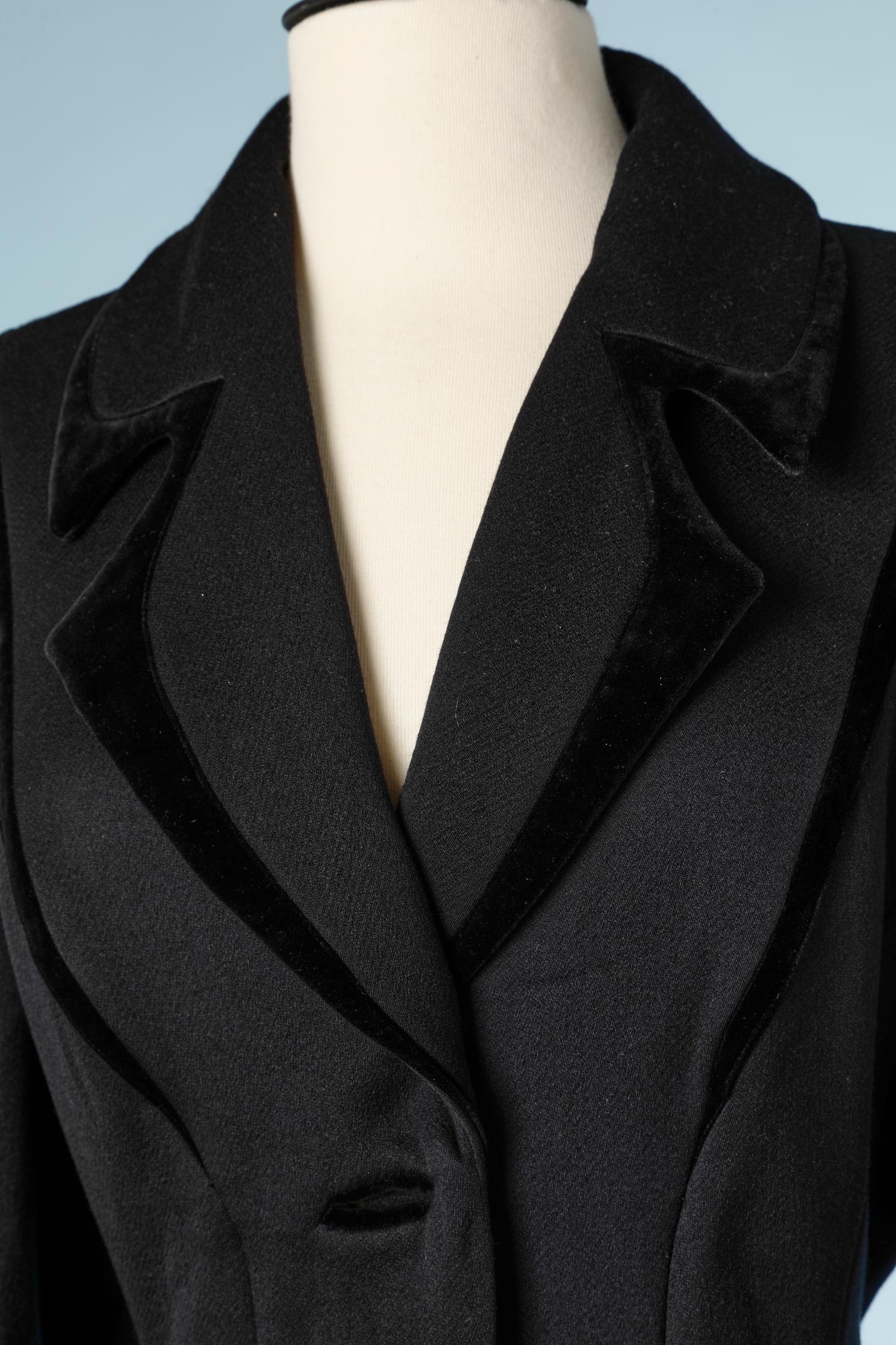 Long black wool and velvet coat. 