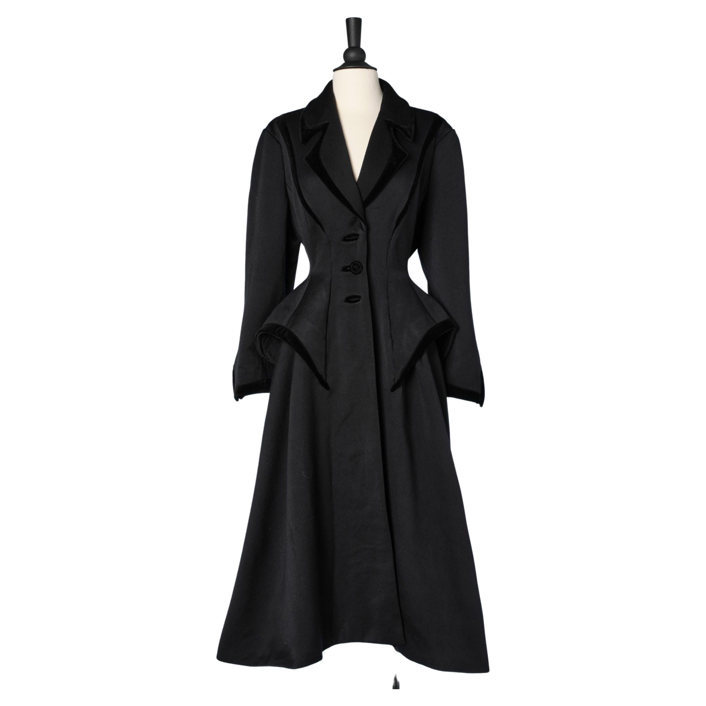 Long black wool and velvet coat Thierry Mugler 