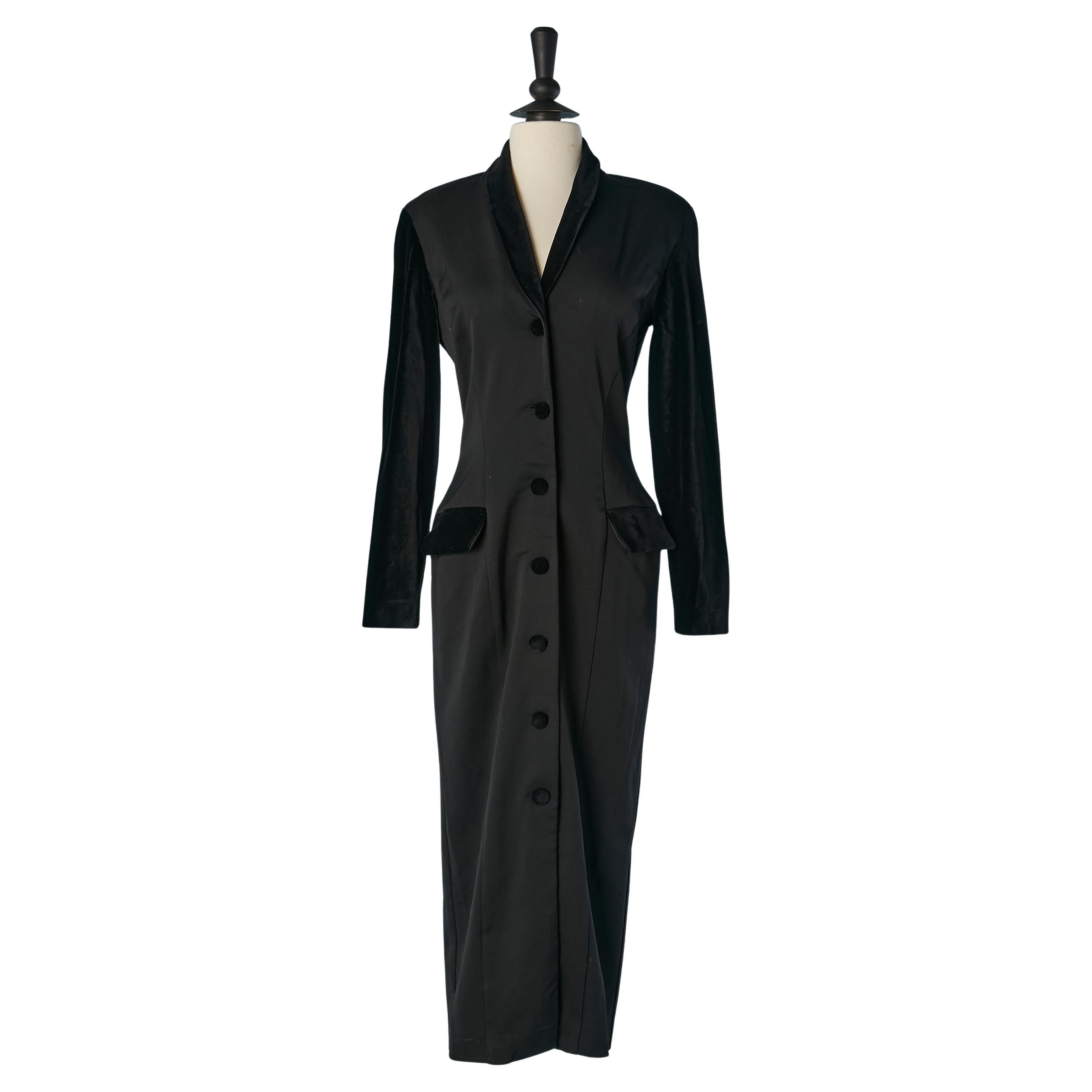 Long black wool coat with velvet sleeve, collar and pocket flap CHANTAL THOMASS